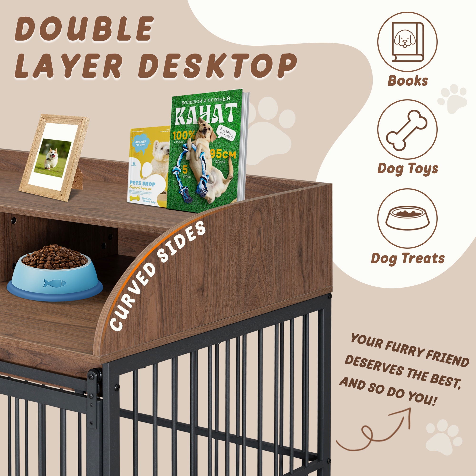 Heavy Duty Dog Crate Furniture For Medium Dog With Lockable Wheels, Wooden Dog Crate Dog Kennel, End Table Crate With Double Layer Storage