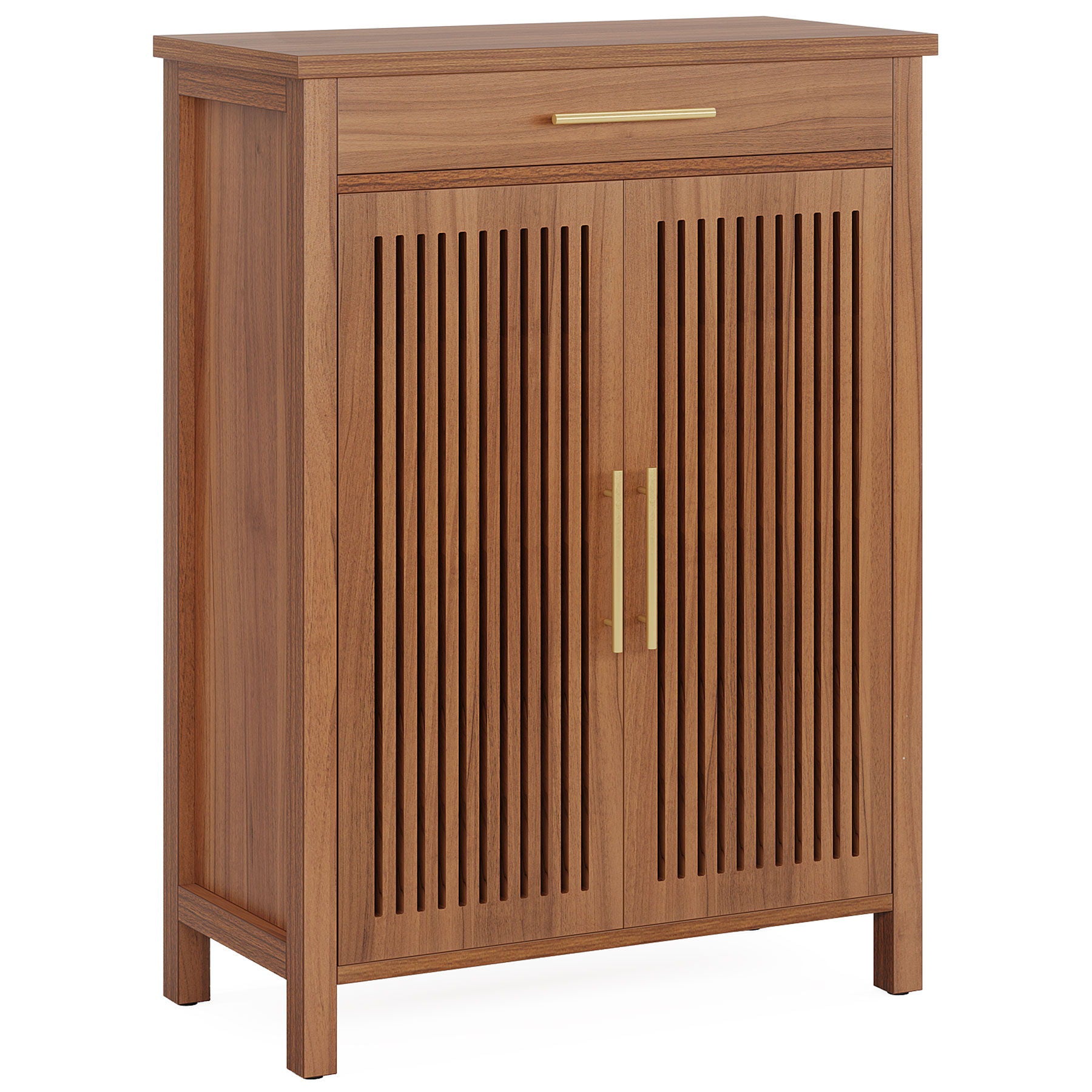 5 Tier Shoe Cabinet With Louvered Doors And Drawer, Freestanding Organizer With Adjustable Shelves For Entryway - Brown