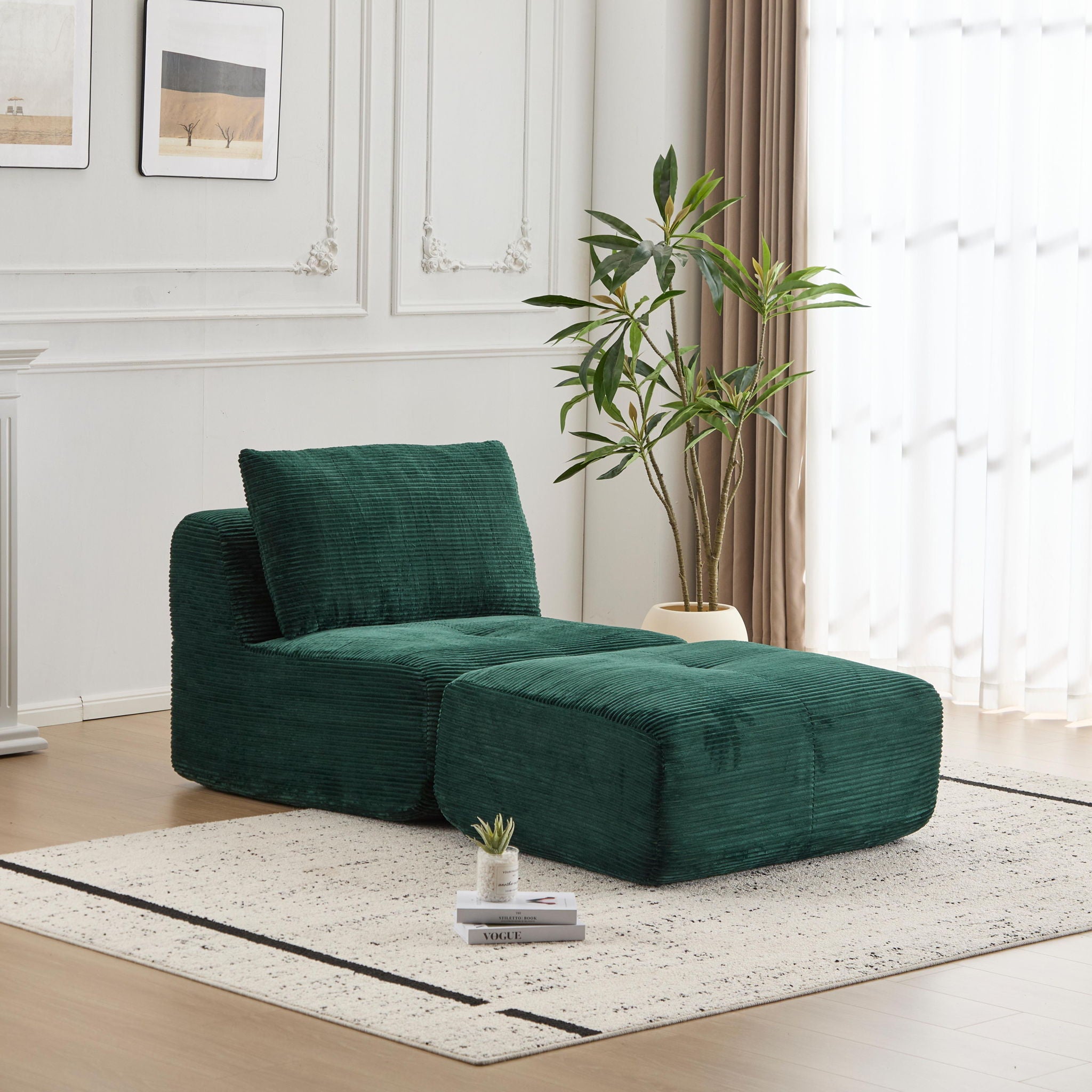 Compressed Sofa, Single Chaise Longue, Movable Ottoman For Living Room - Green