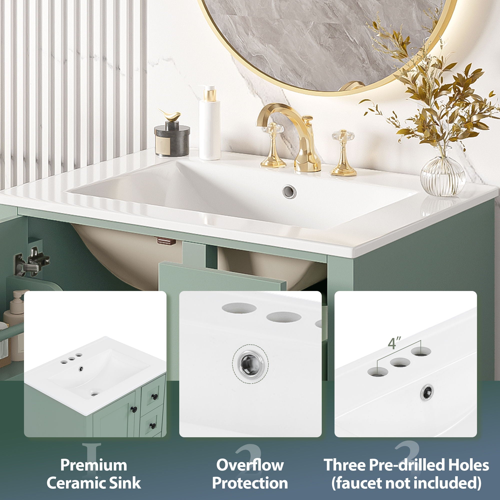 Bathroom Vanity With Integrated Basin, Soft Close Drawers, Door Mounted Double Layer Shelf