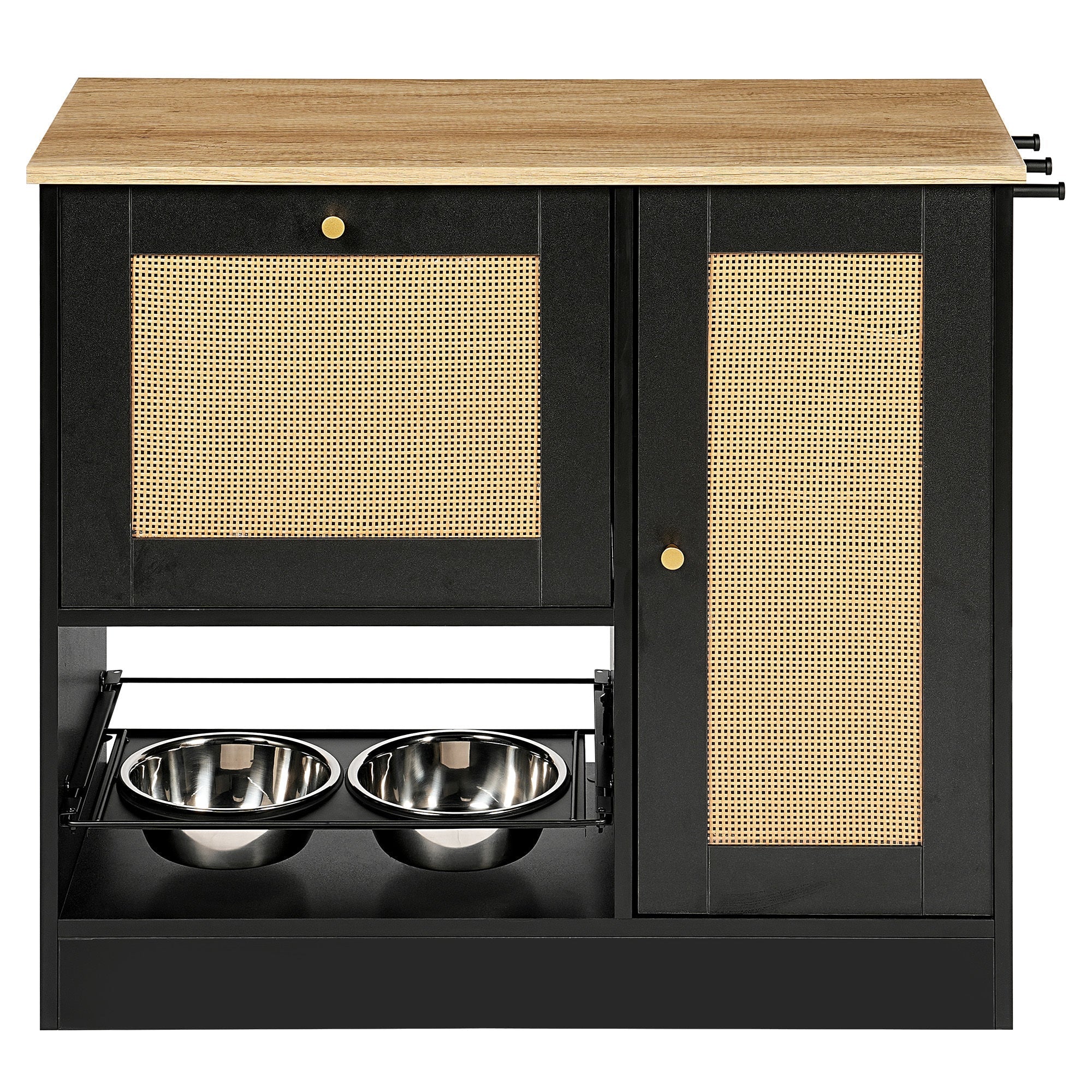 Feeding Station with 2 Lockers and Elevated Bowls Black