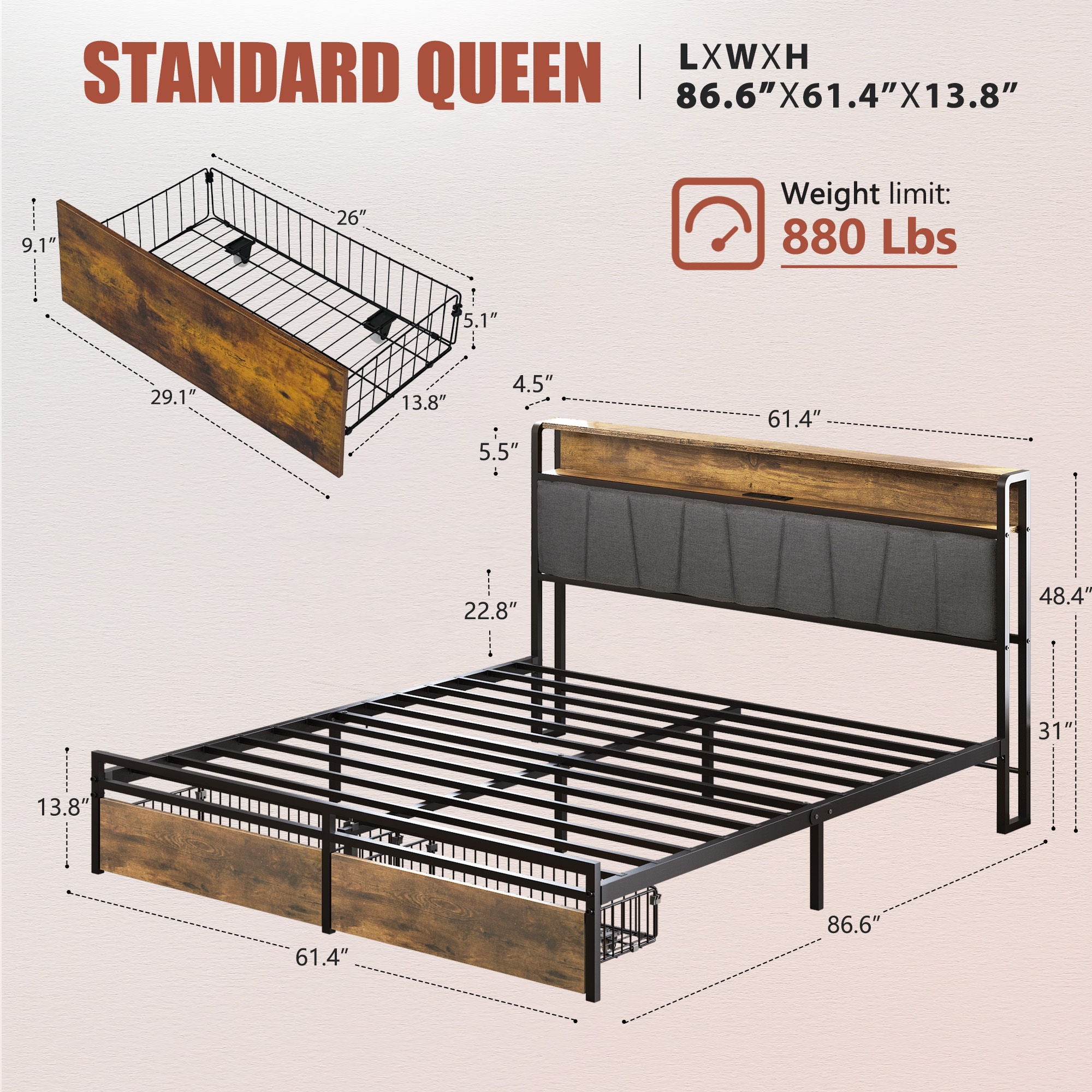 Upholstered Platform Bed Frame With Storage Drawers, USB Ports, LED Lights
