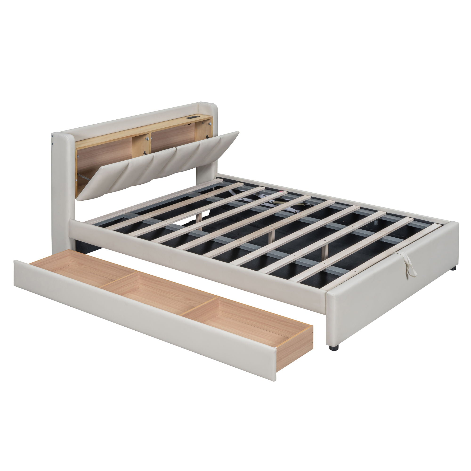 Upholstered Mother & Child Bed With Hydraulic Storage System, Drawer Box, Bedhead Storage Shelf And 2 Pairs Of Sockets & USB Ports