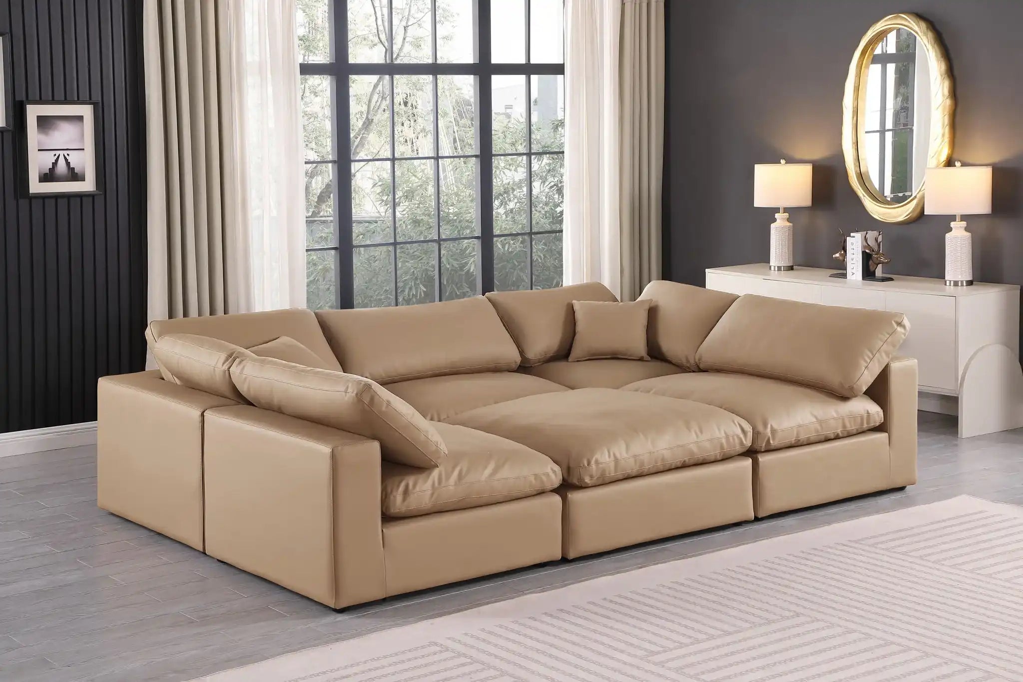Comfy - 6 Piece Faux Leather Sectional - Tan