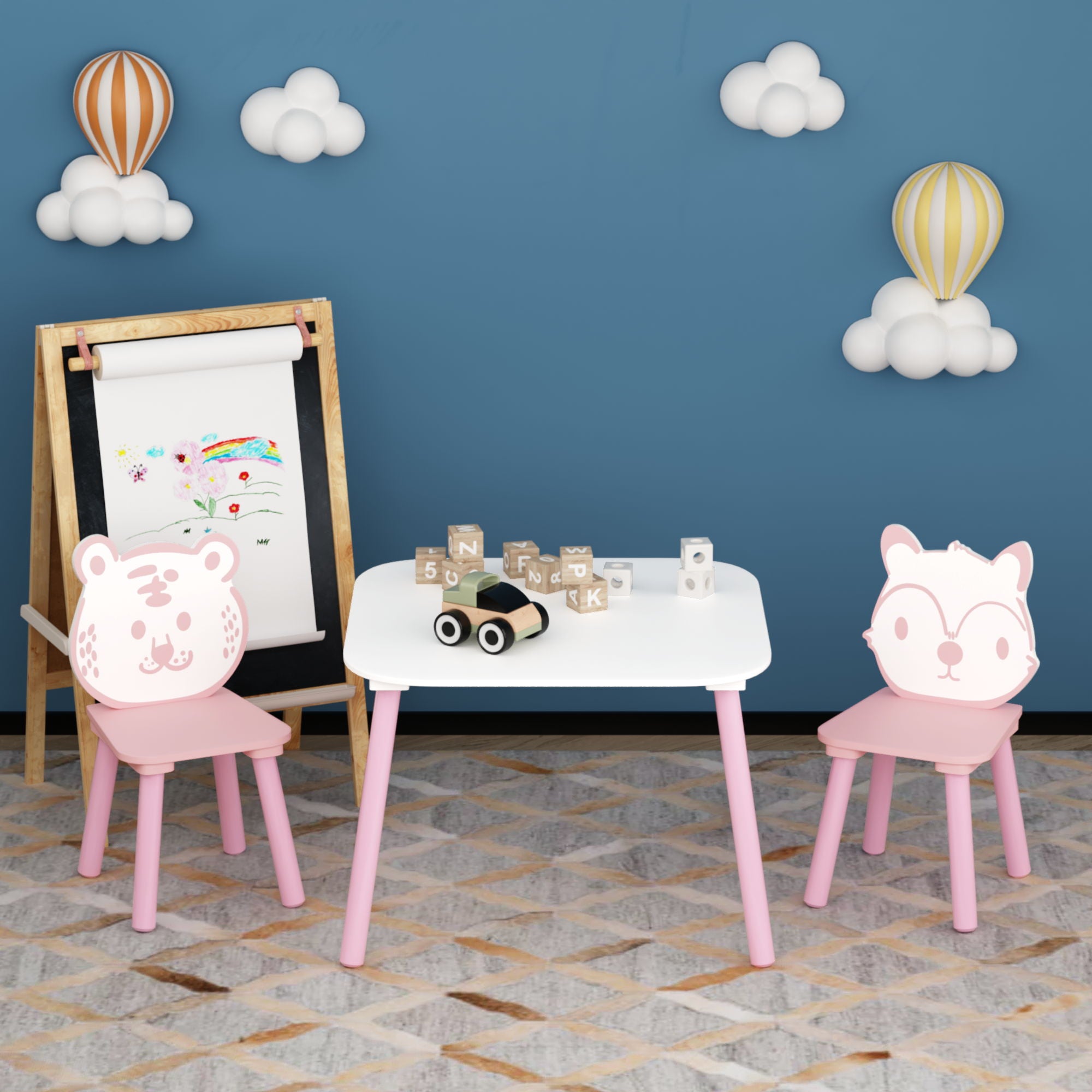 Table And Chair Set, 3 Piece Wooden Toddler Desk With Animal Backrest - Pink / White