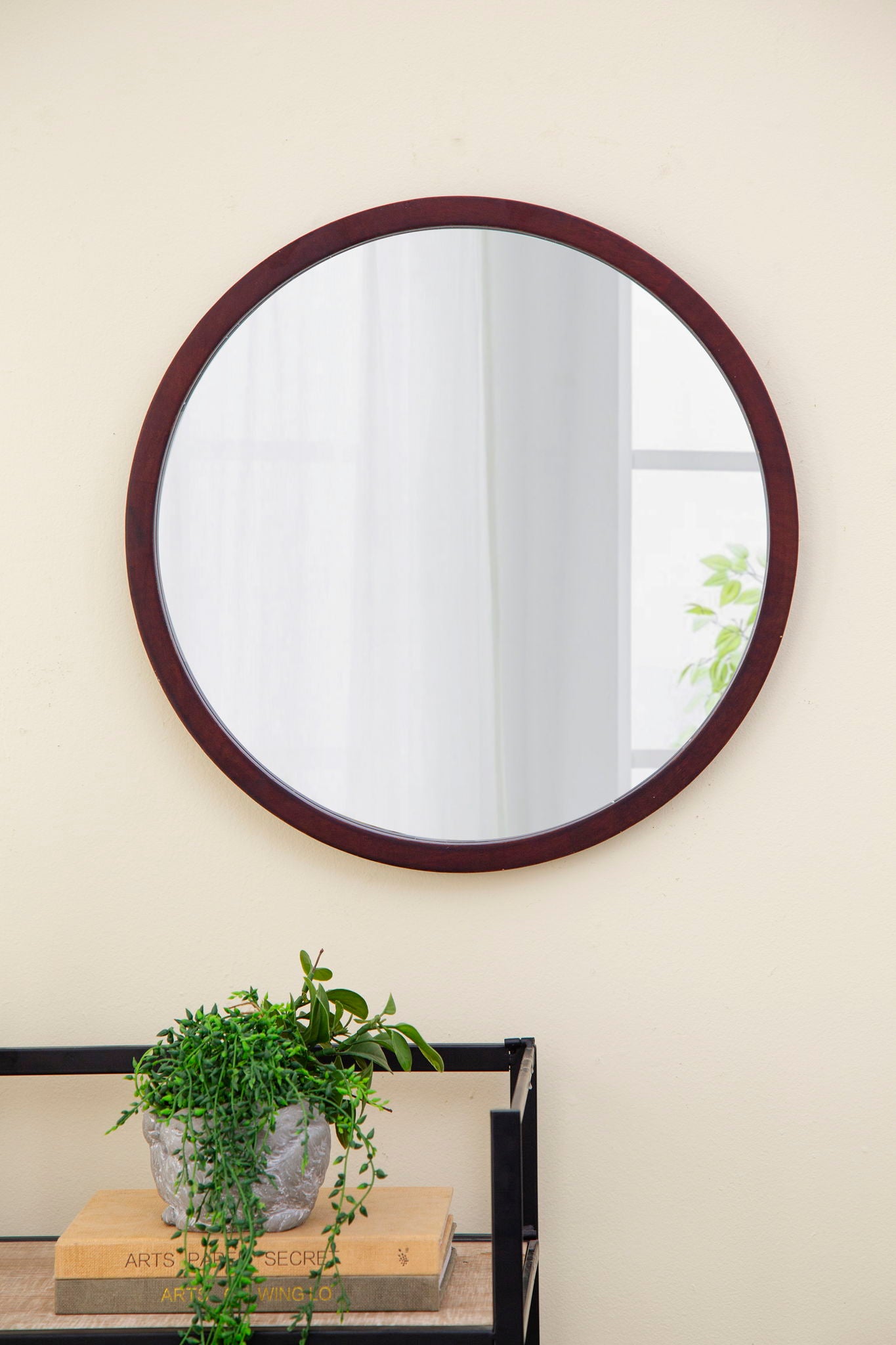 Circle Wall Mirror With Wooden Frame, Wall Mirror For Living Room