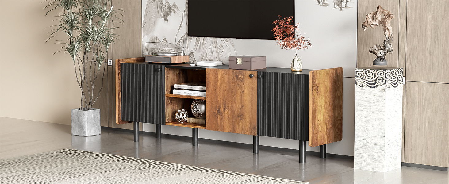Mid Century TV Stand With 3 Cabinets, Media Console Table For Tvs Up To 70'', Entertainment Center With Storage For Living Room - Black / Brown