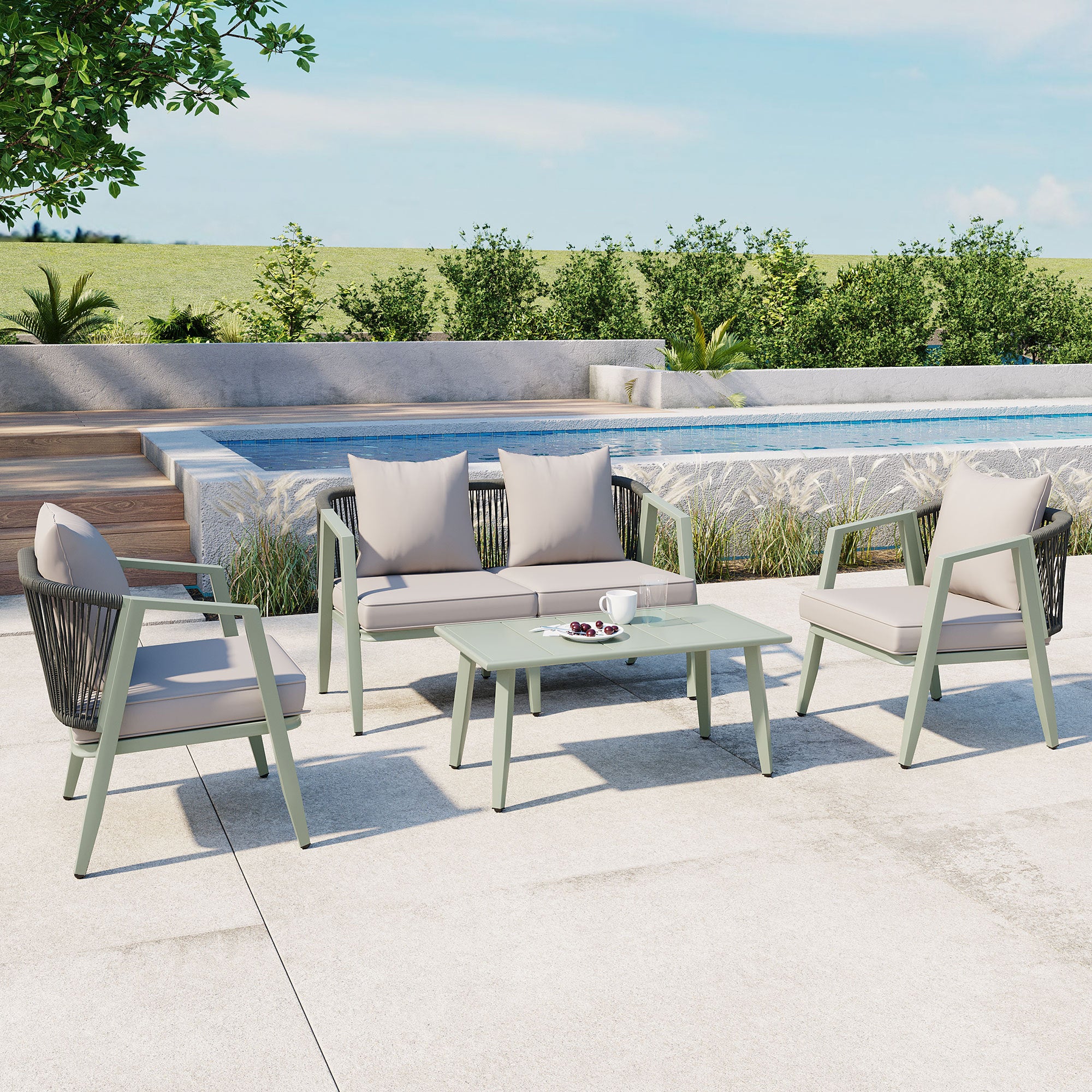 Santorini 4-Piece Outdoor Sectional Set in Green with Cream Performance Cushions