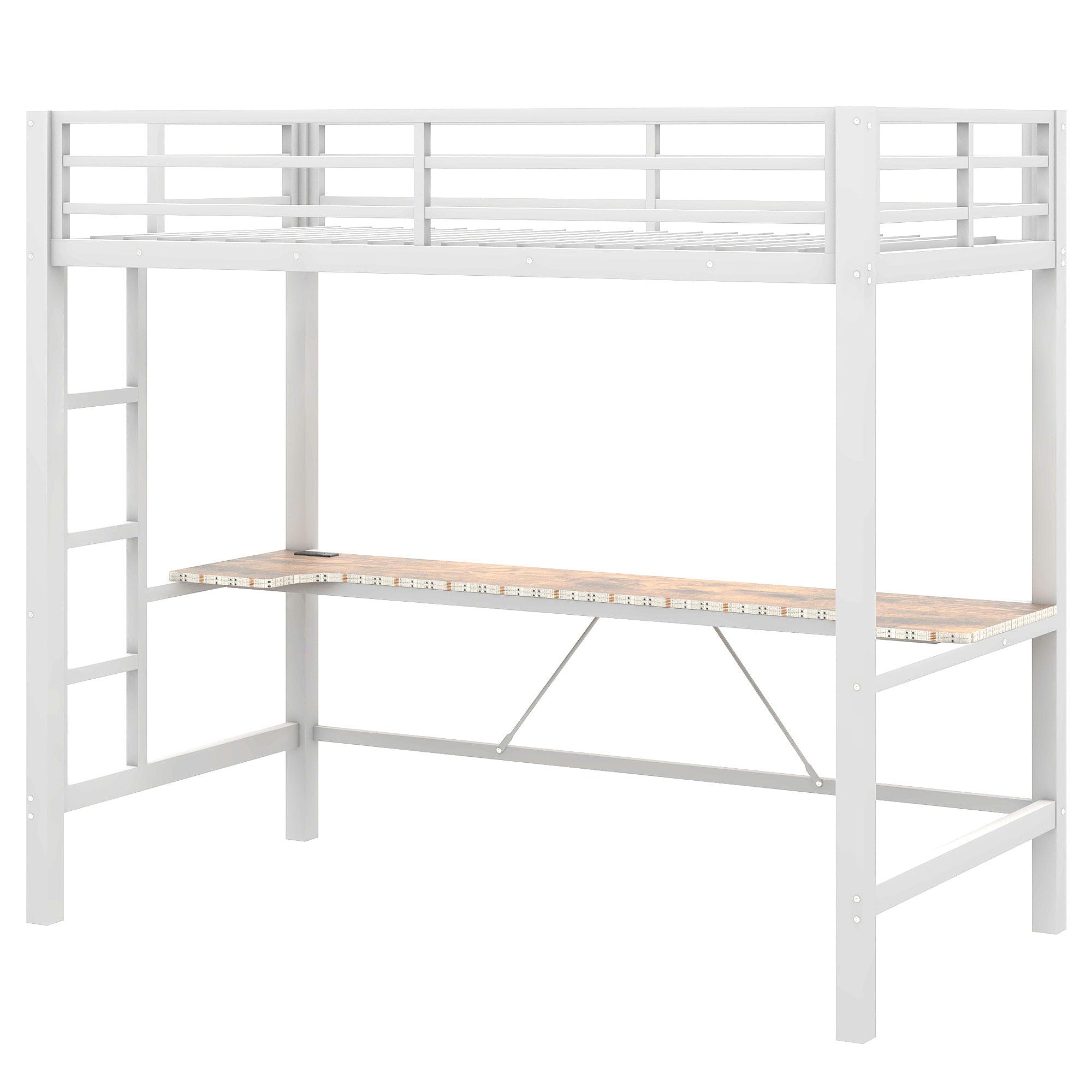 Gaming Metal Loft Bed Frame With LED Light, USB Charge Station And Desk