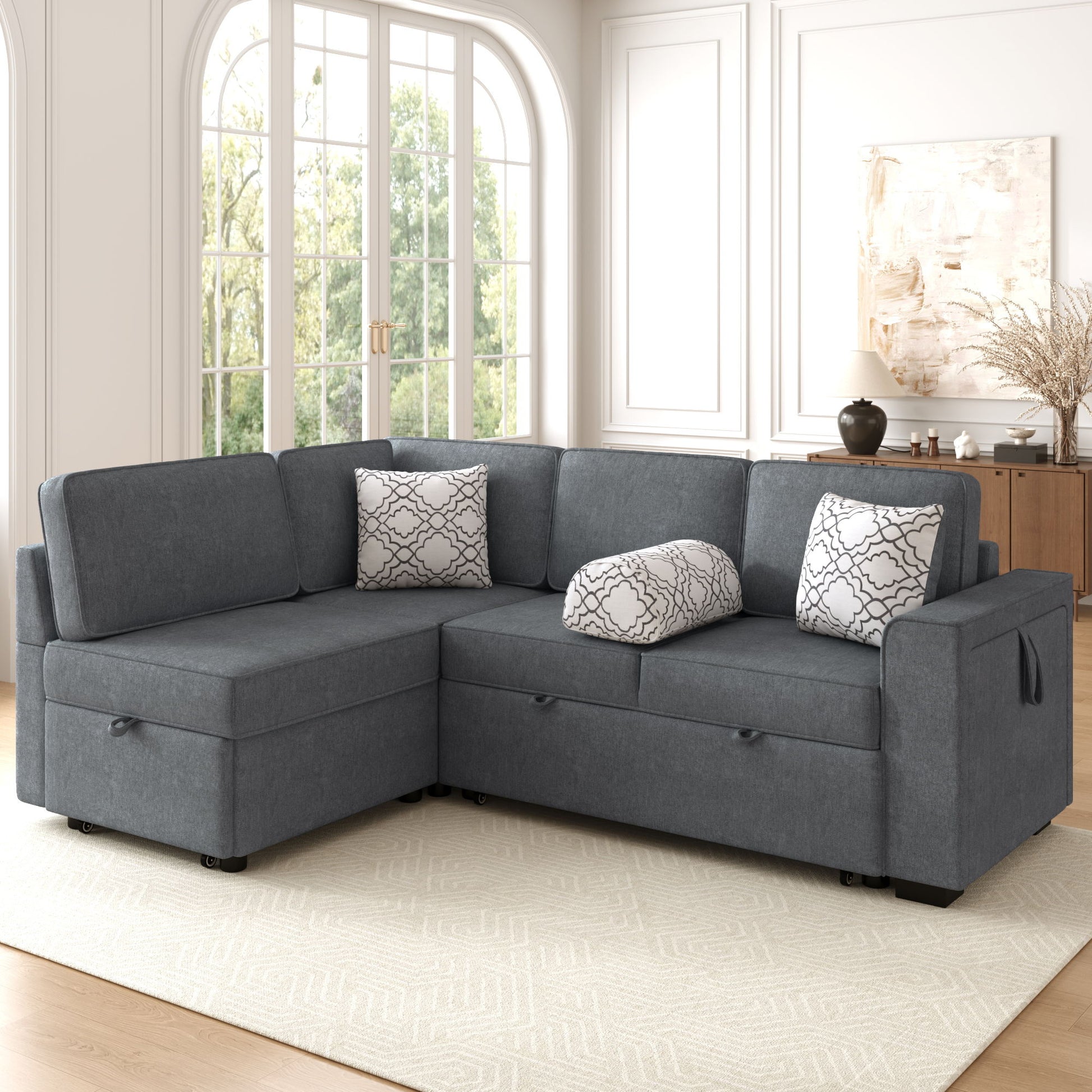 Convertible Sectional L-Shaped Sofa With Dual Pull-Out Sleepers, Flip-Top Table, USB Ports, Cup Holder & Storage - Best Buy Furniture