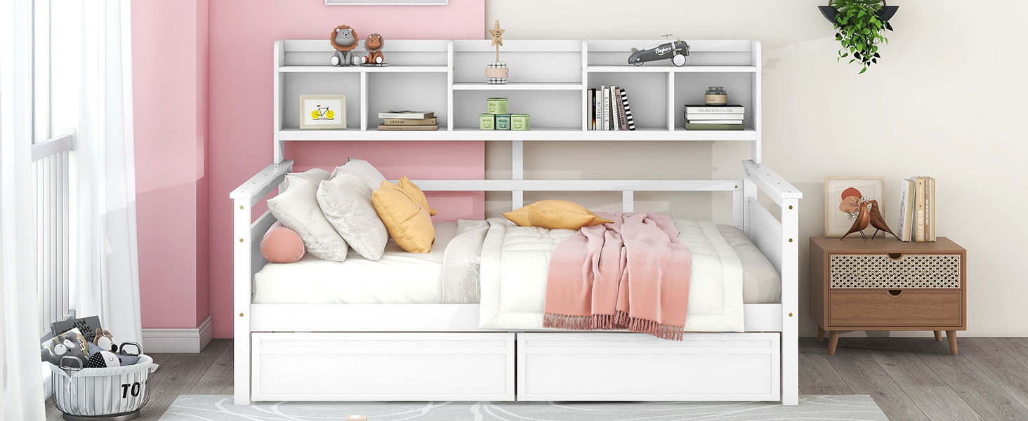 Daybed, Wood Slat Support, With Bedside Shelves And Two Drawers