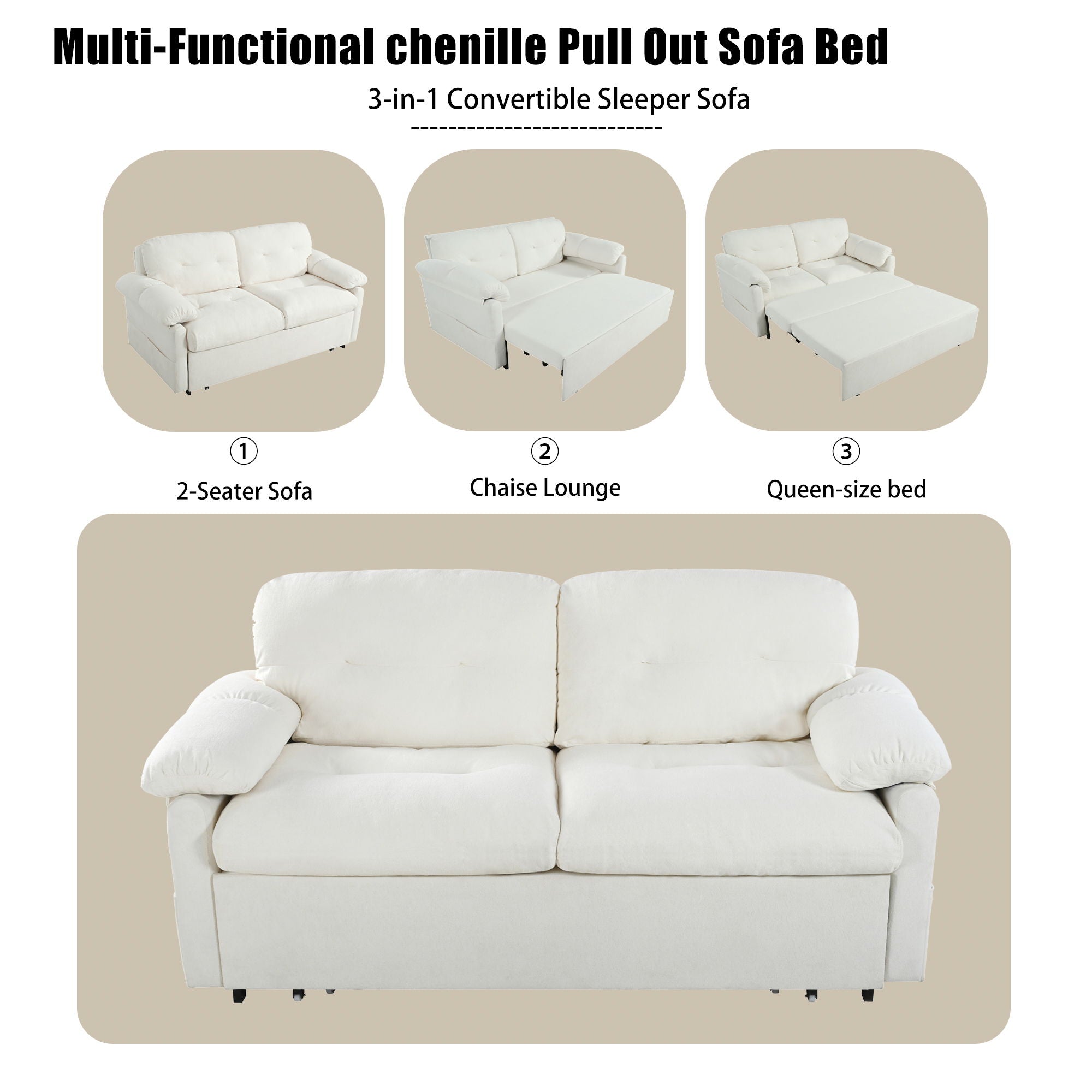 Convertible Pull Out Sofa Bed Queen Size, 3 In 1 With Side Storage