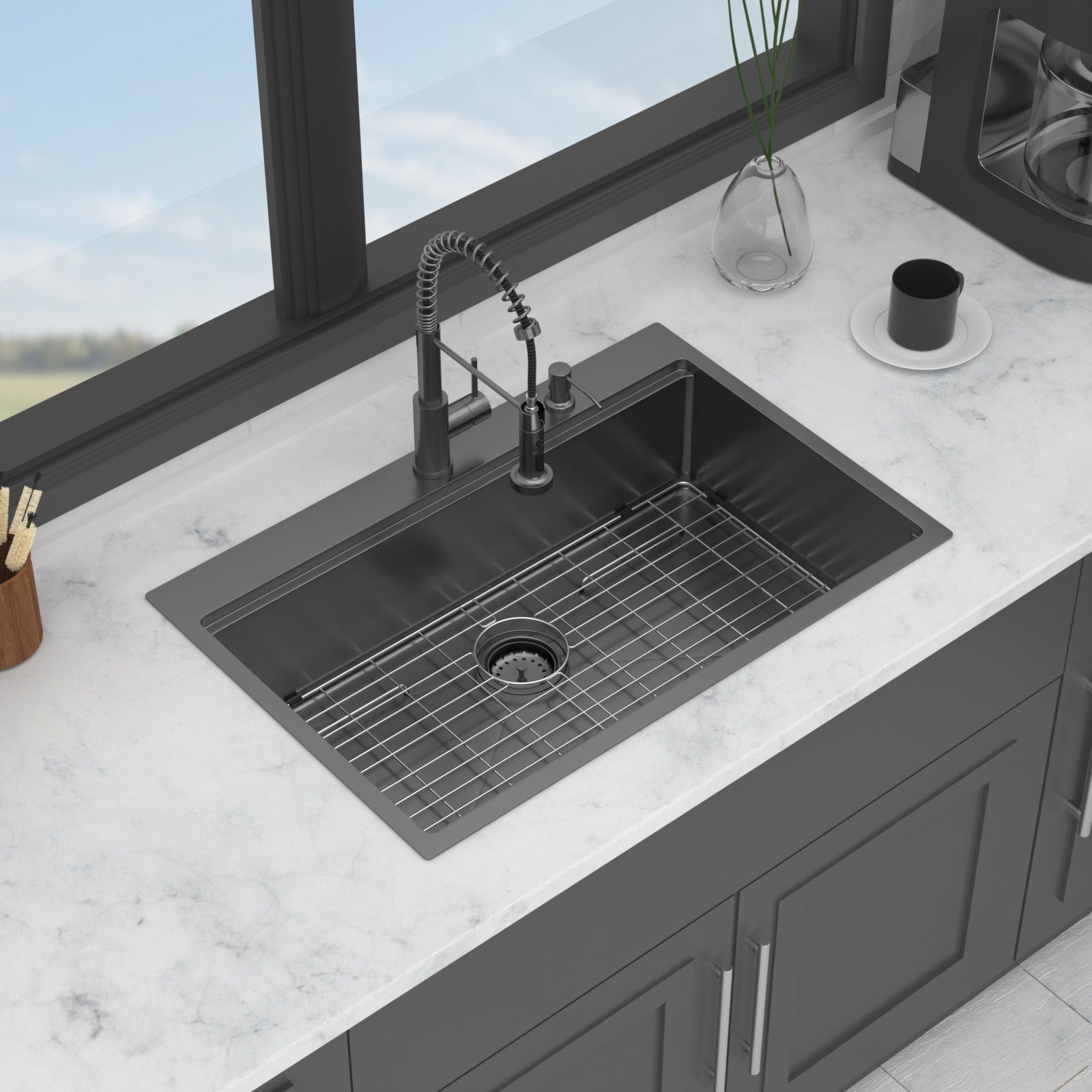 Drop In Workstation Sink Topmount Single Bowl With Pull Out Faucet And Soap Dispenser - Gunmetal Black