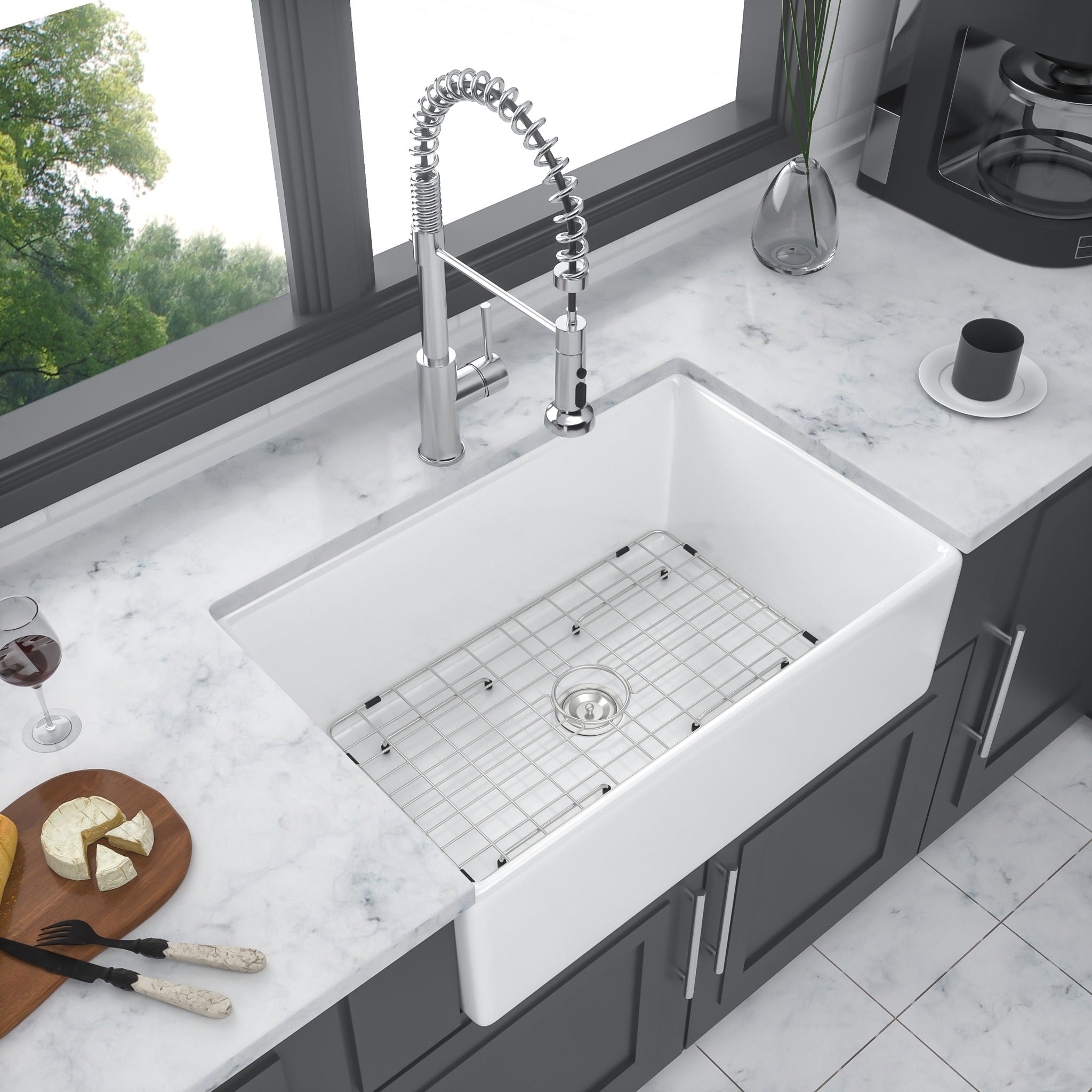 Sink 30" Apron Front Reversible Single Bowl Kitchen Sink With Grid, Strainer - White
