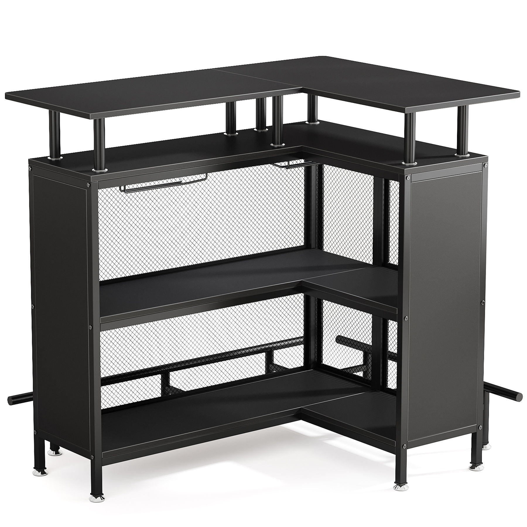 L Shaped Home Mini Bar Table With 2 Tier Shelves & Glass Racks - Black