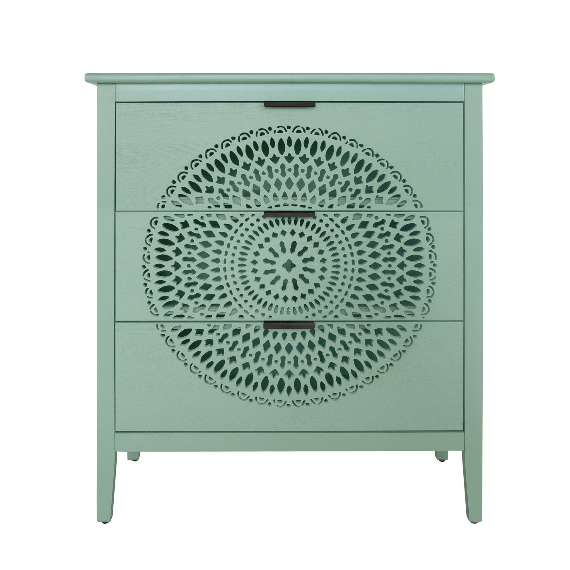 3 Drawer Storage Cabinet With Hollow Carved Design And Metal Handles, Chest For Entryway, Living Room Or Bedroom - Light Green - Best Buy Furniture