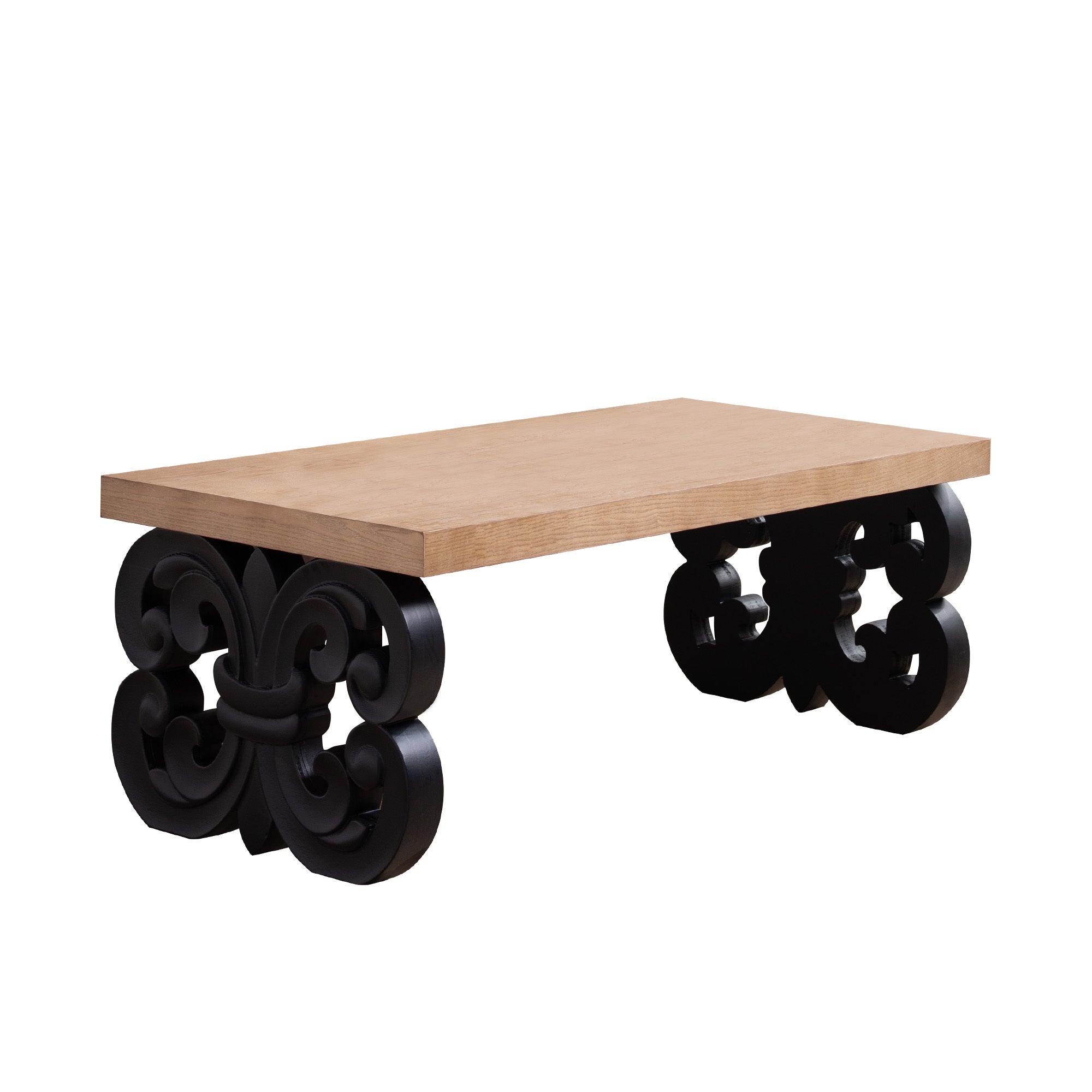 Black Scroll Base Coffee Table – 47' Rectangular Wood Living Room Table with Natural Top – Modern Farmhouse Accent Table – Elegant Centerpiece with Ornate Carved Design