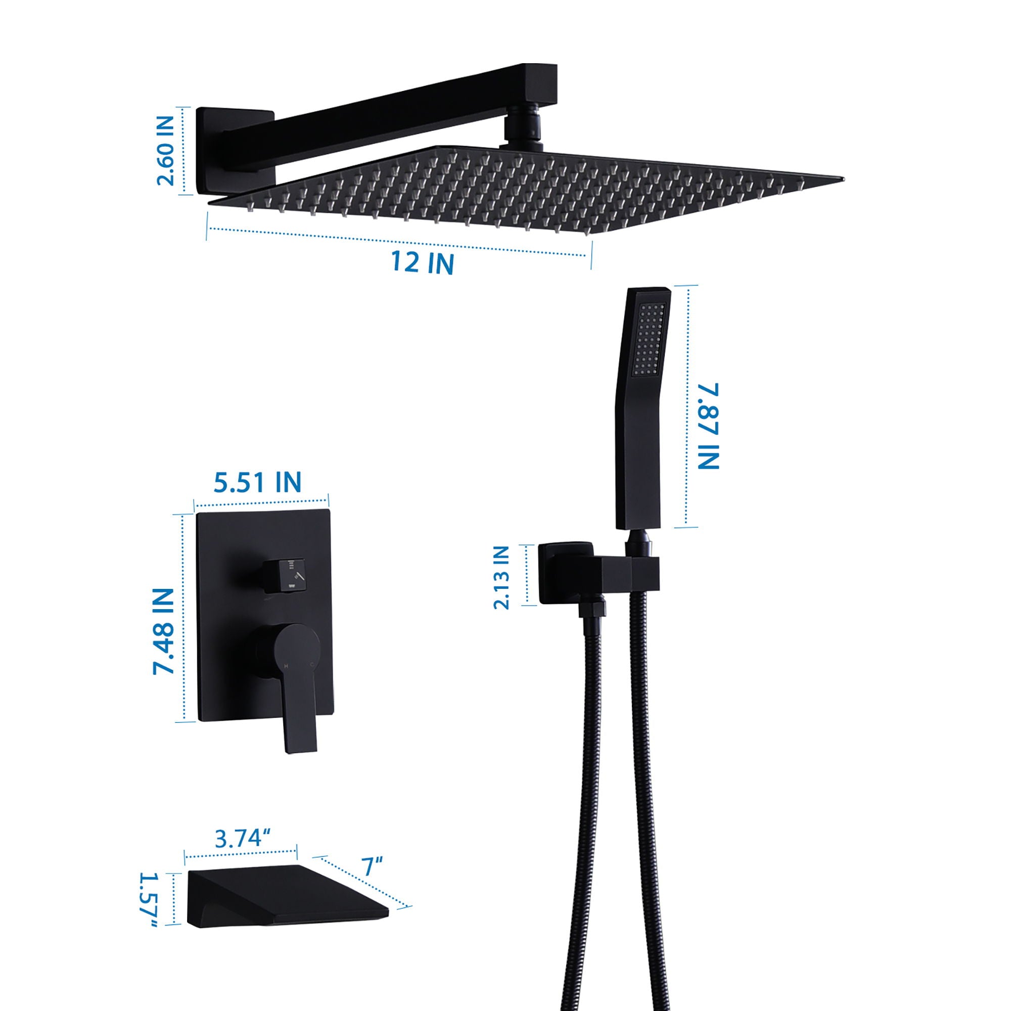All Metal Tub Shower Faucet Set With 12" Rain Shower Head And Handheld Spray Combo, Wall Mounted - Matte Black