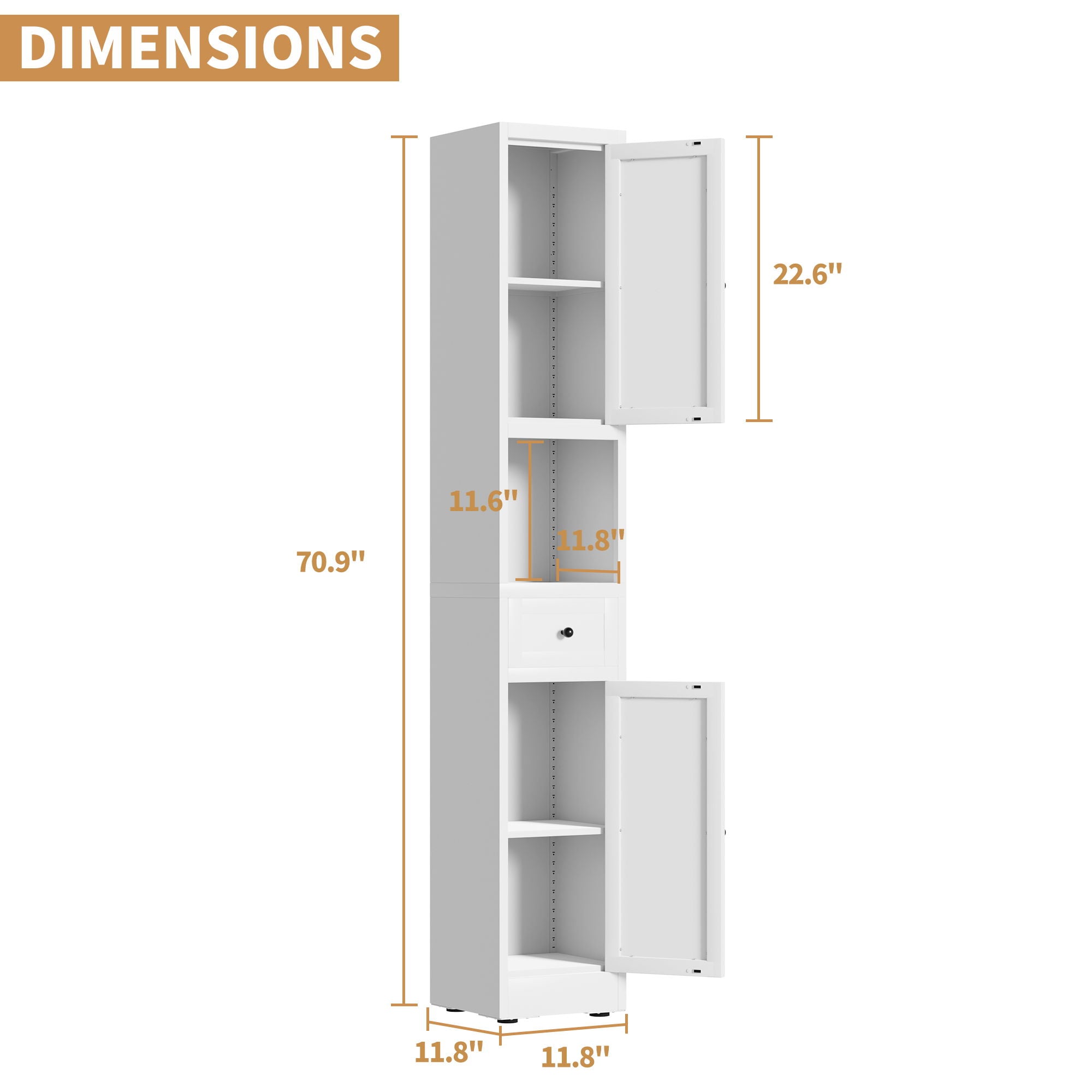 Tall Bathroom Storage Cabinet, 5-Tier Narrow With 2 Doors & Adjustable Shelves, Freestanding - White