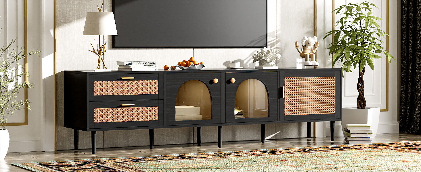Rattan TV Stand With 3 Cabinets & 2 Drawers, Rattan-Inspired Media Console Table For Tvs Up To 80'', LED Light Entertainment Center, TV Cabinet For Living Room - Black