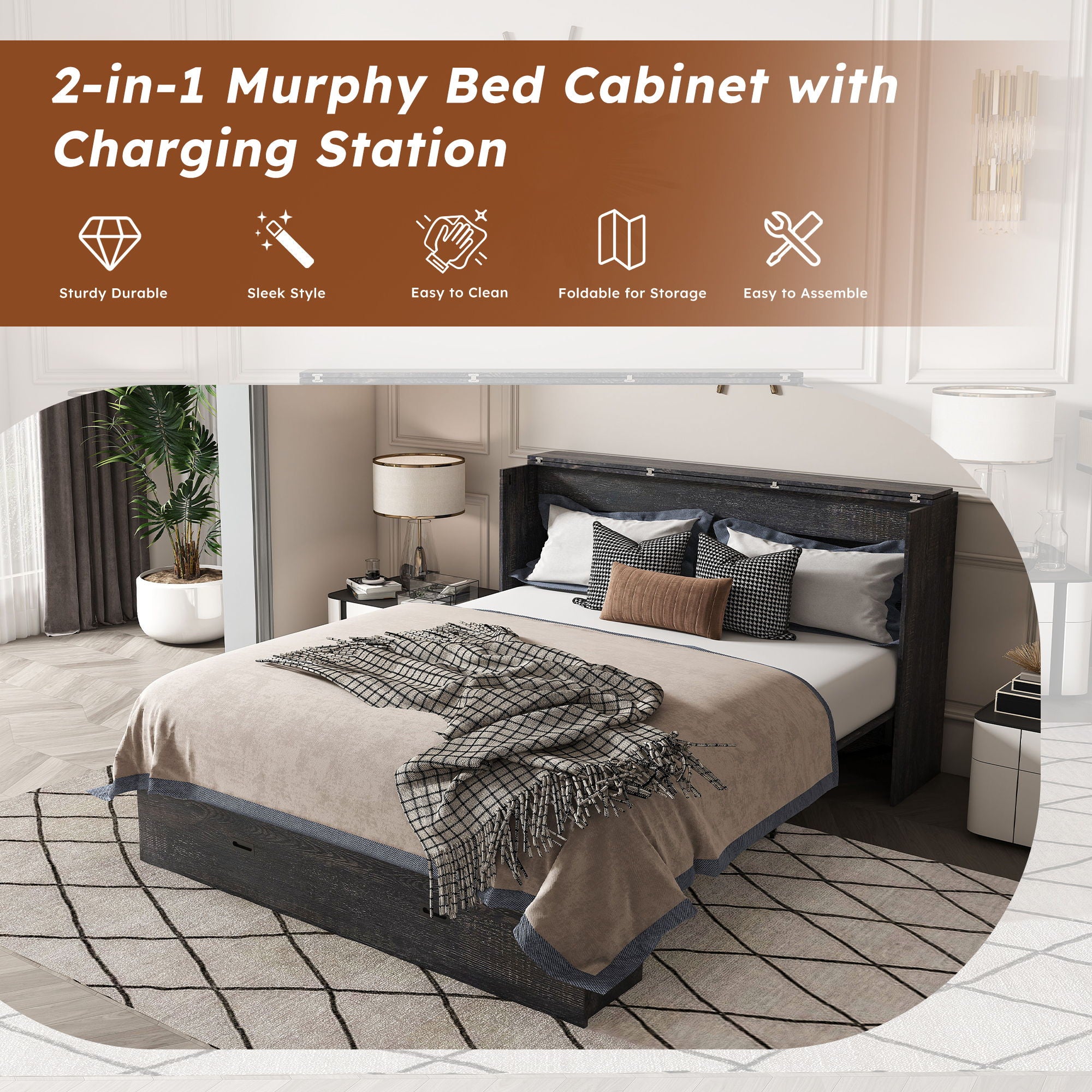 Murphy Bed With Storage Drawers And Charging Cabinet, Foldable Panels, Swivel Wheels