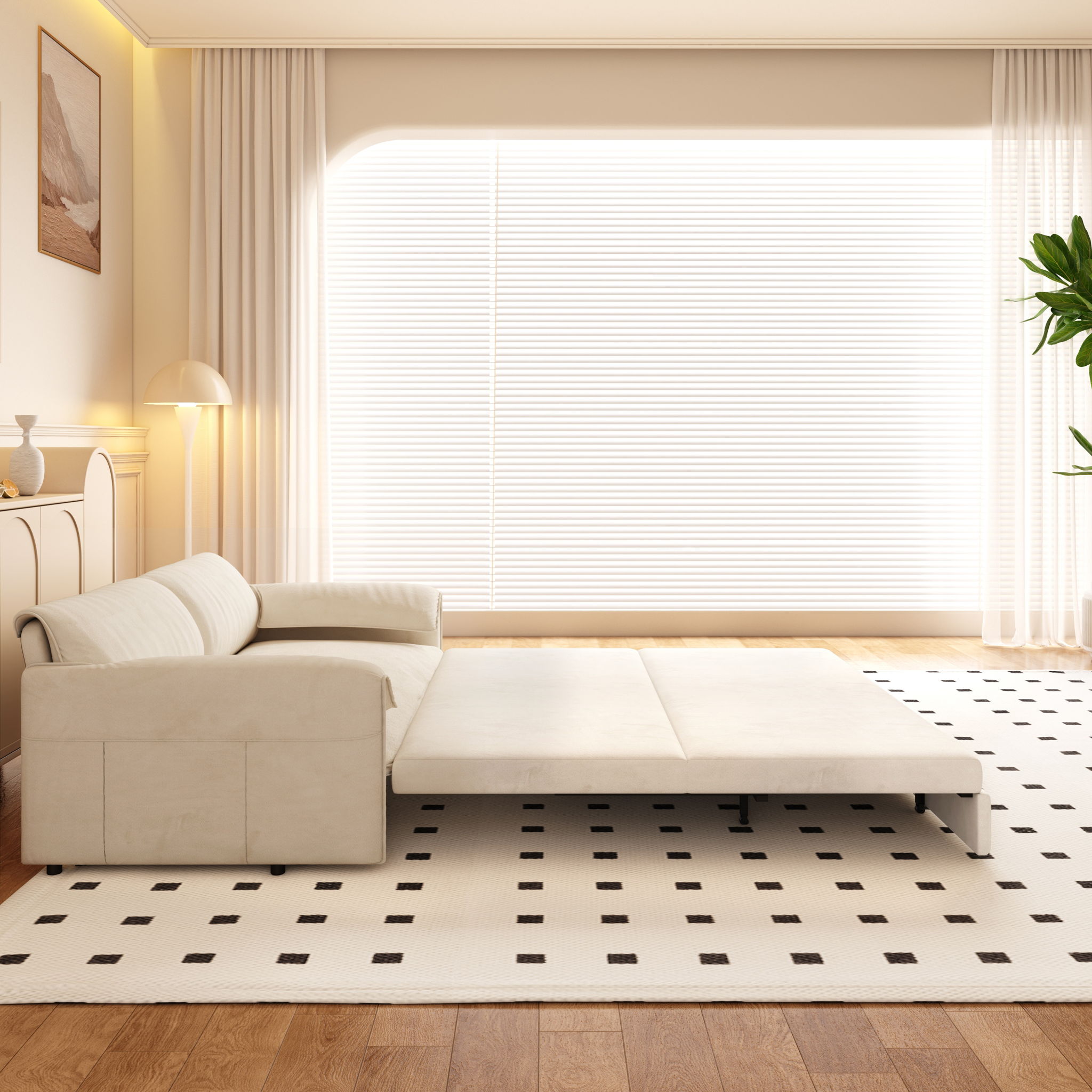 Queen Pull Out Sofa Bed, 3 In 1 Convertible Sleeper Sofa With Side Storage For Living Room - Beige