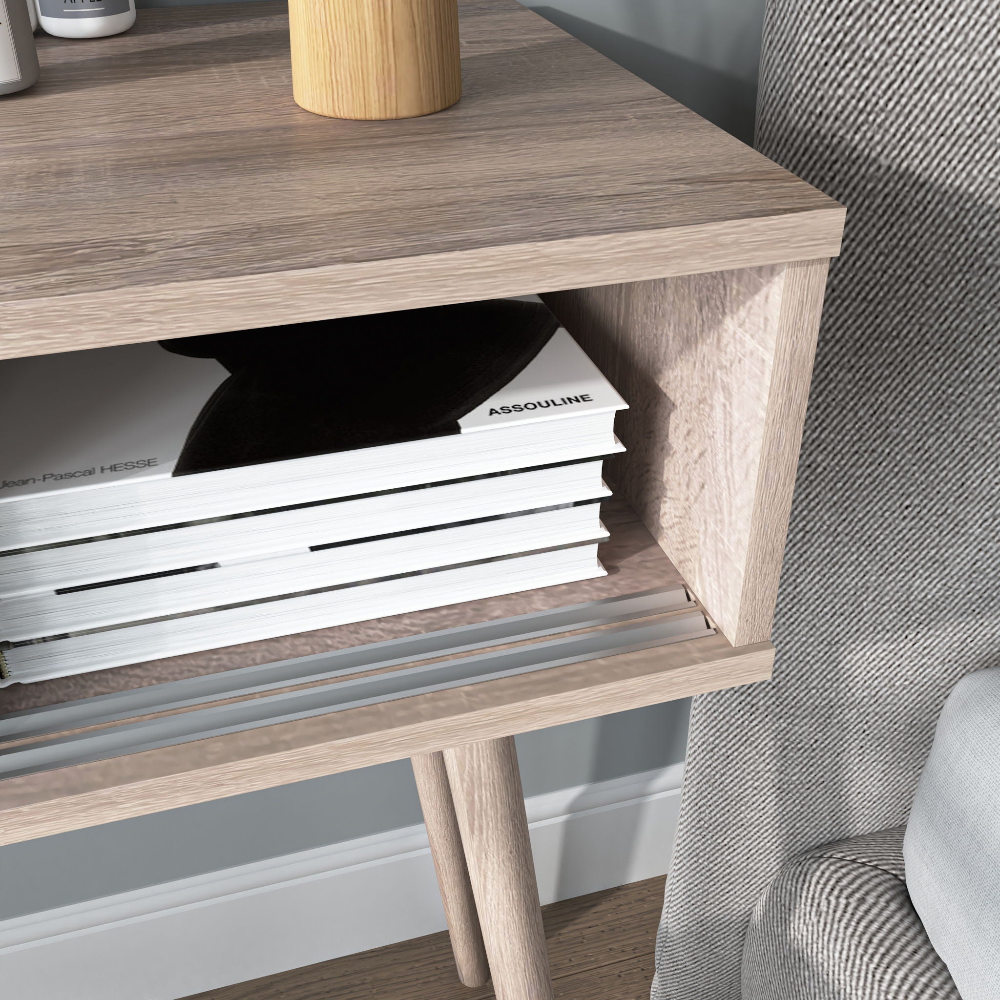 Rustic Entryway Console Table With Sliding White Doors And Wood Legs - Natural