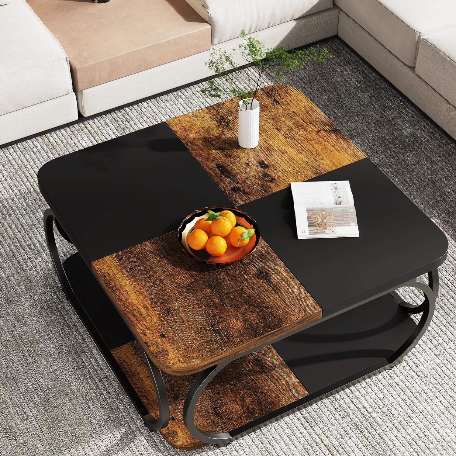 Square Coffee Table With Storage Shelf, 2 Tier For Living Room - Brown / Black