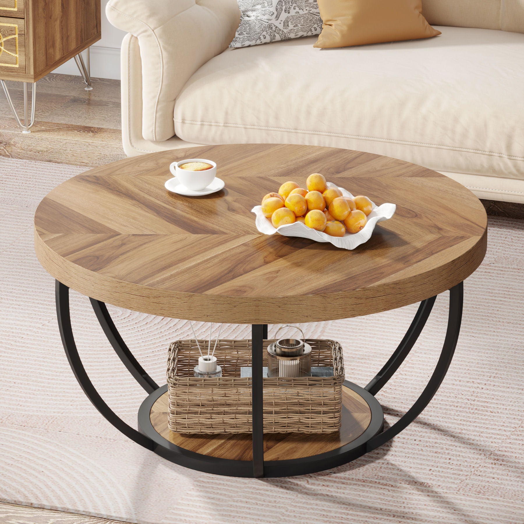 2 Tier Circle Coffee Table With Storage Shelves