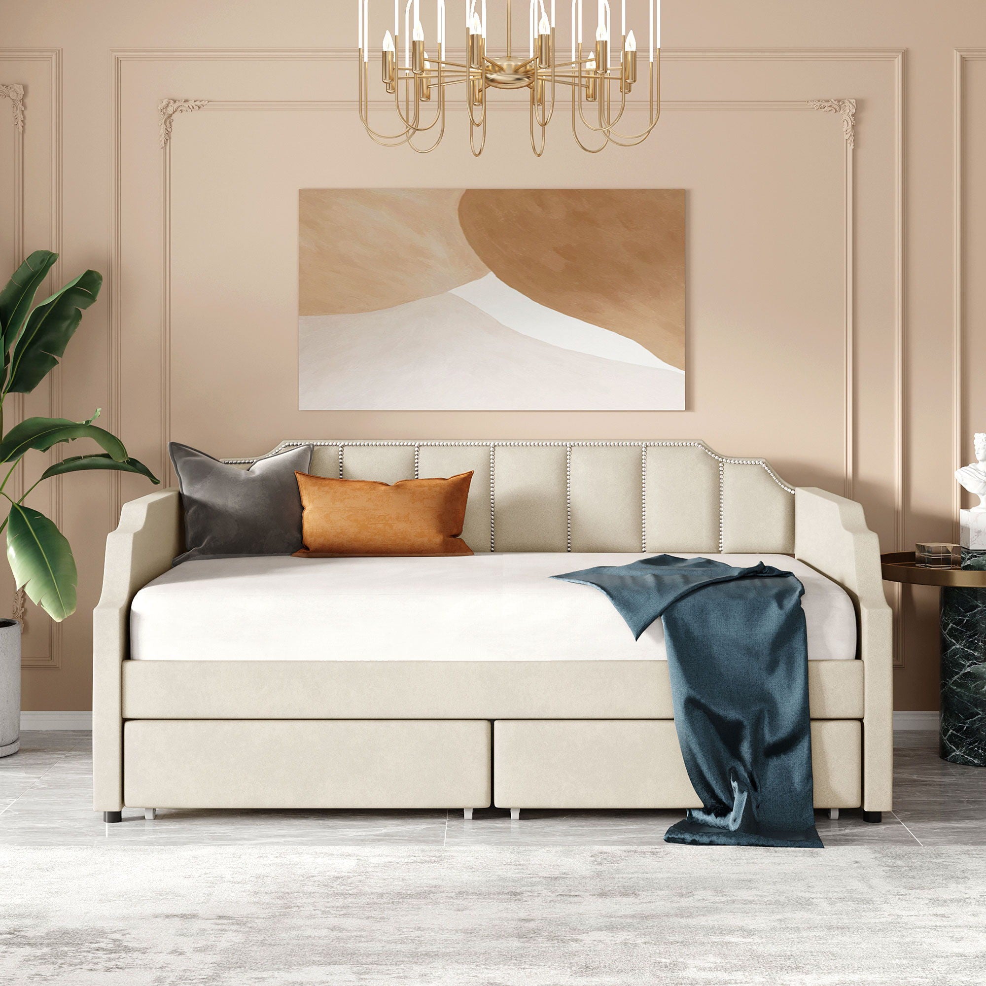 Upholstered Daybed With Drawers, Slat Support