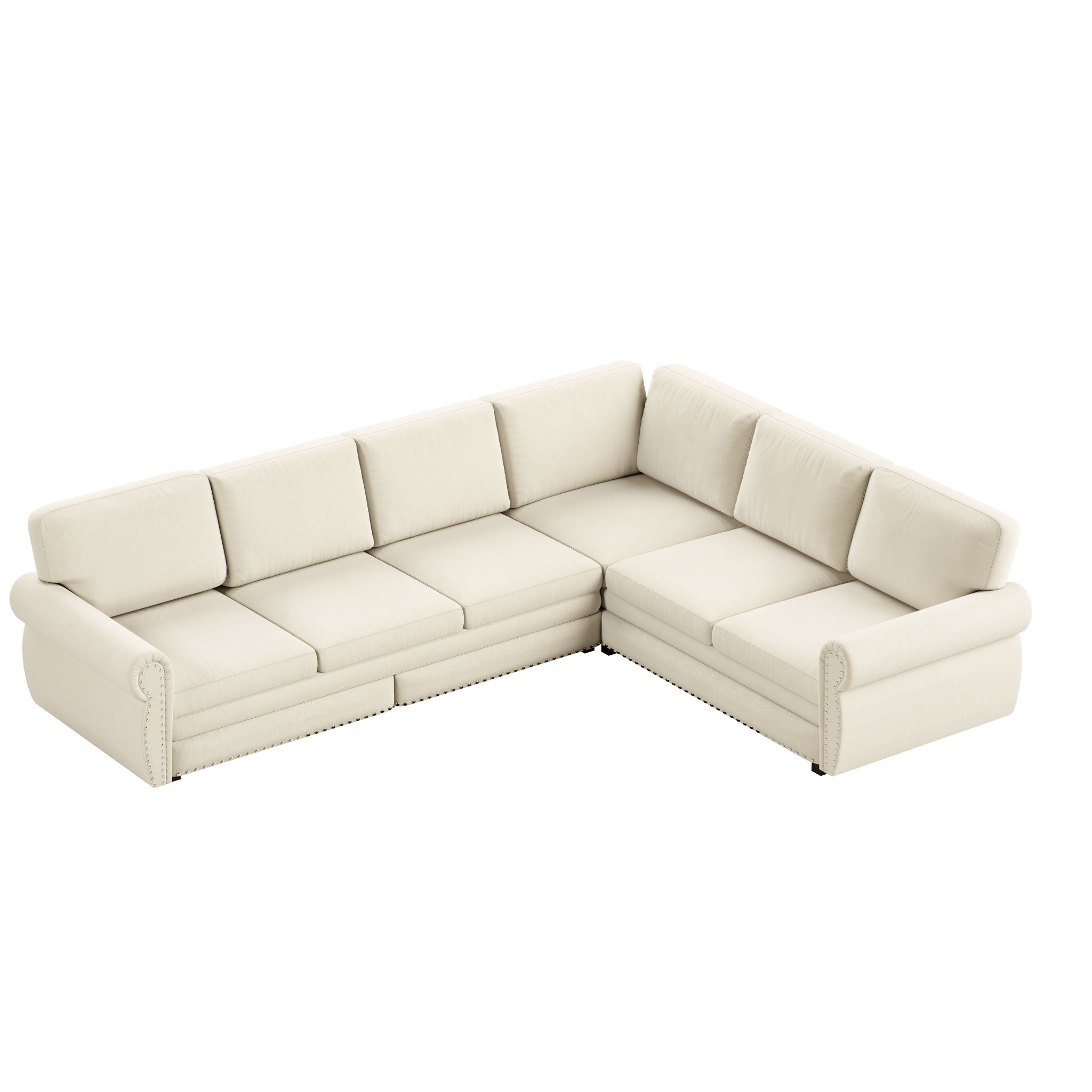 L-Shaped Sofa Couch With Pull Out Bed With Nailhead Trim & Rolled Arm, Sectional Couches, For Living Room - Beige