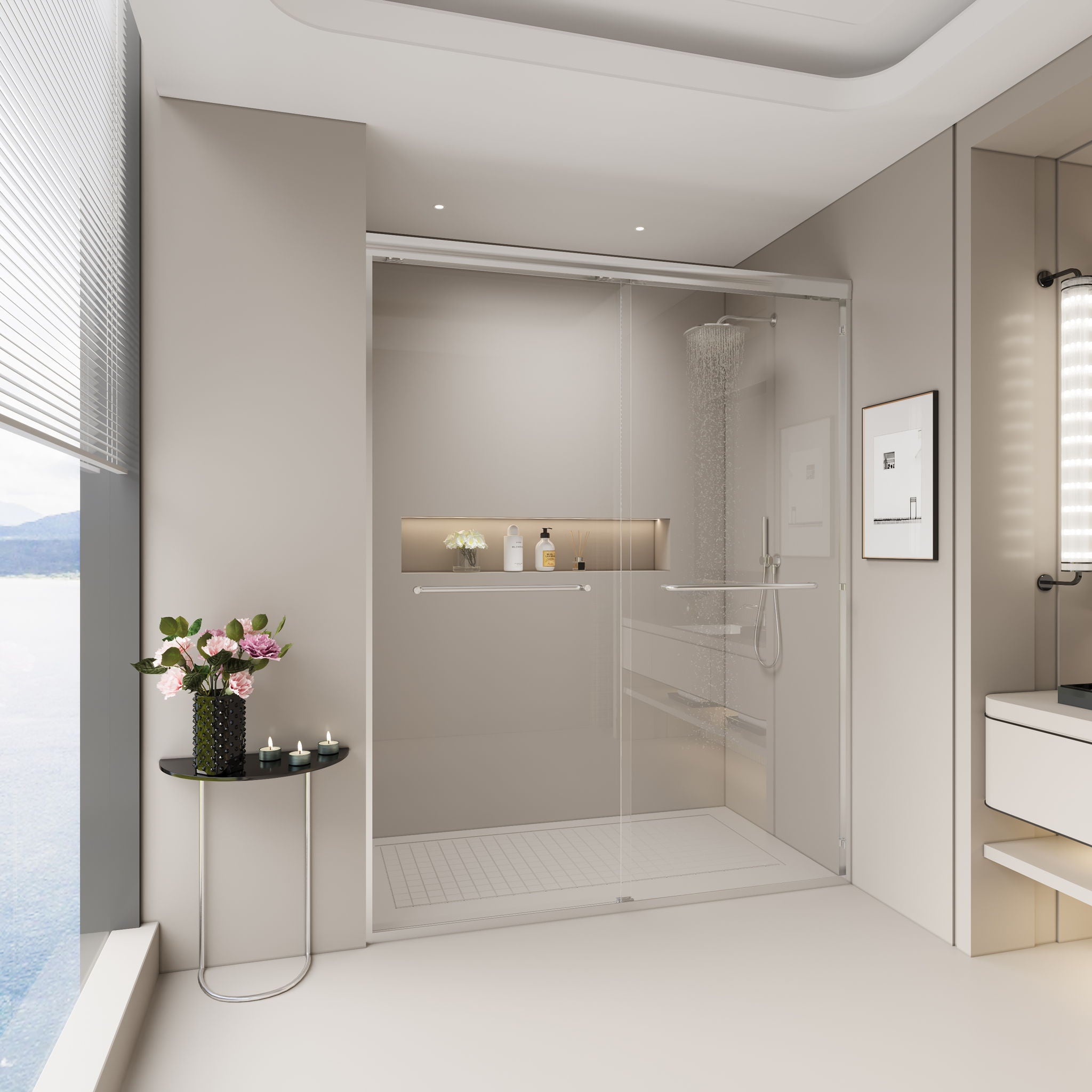 Double Sliding Shower Door, Semi-Frameless Bypass Bathroom Sliding Door With 1/4" (6 Mm) Tempered Glass For Walk-In Shower