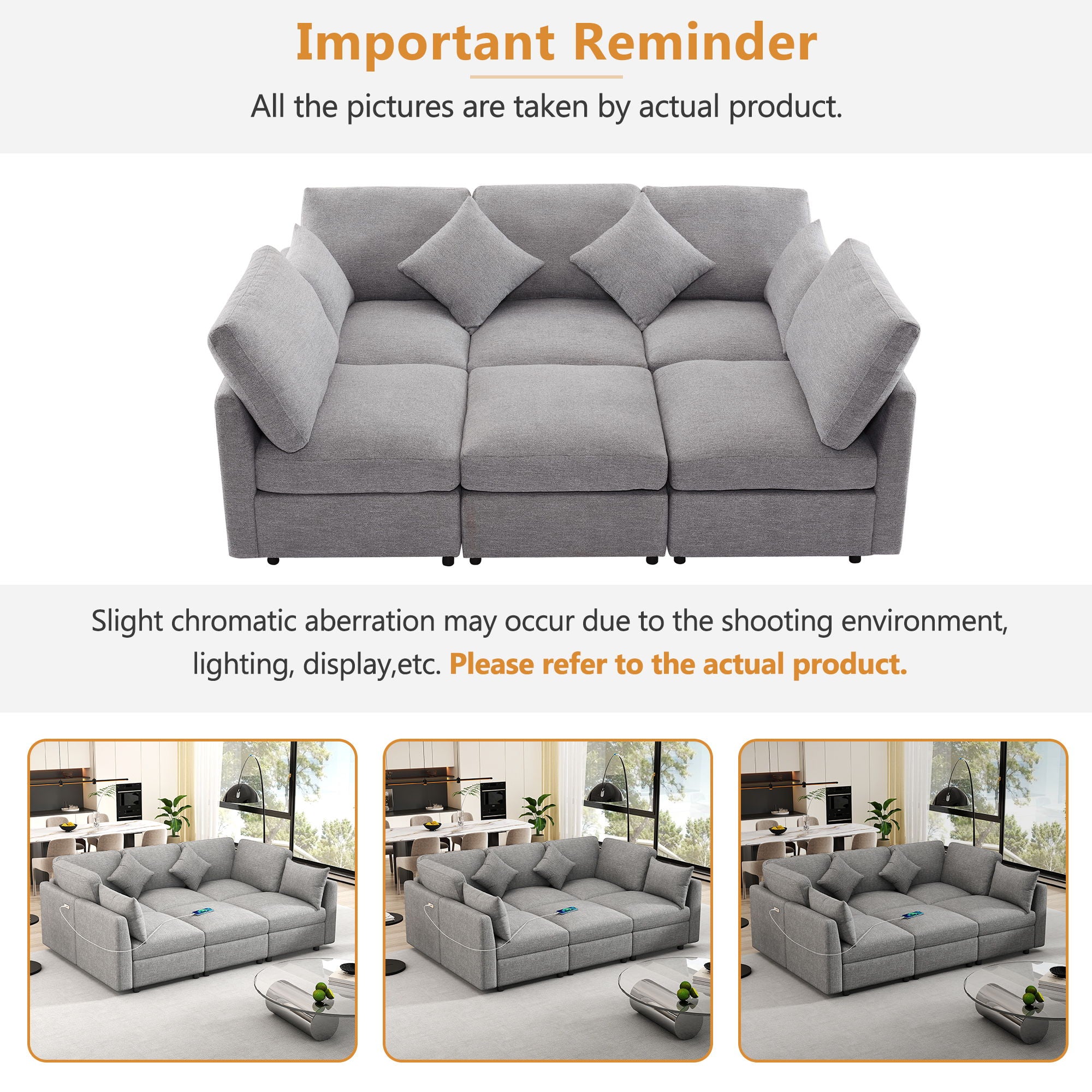 Sectional Sofa Modular U-Shaped With Ottoman & USB Ports