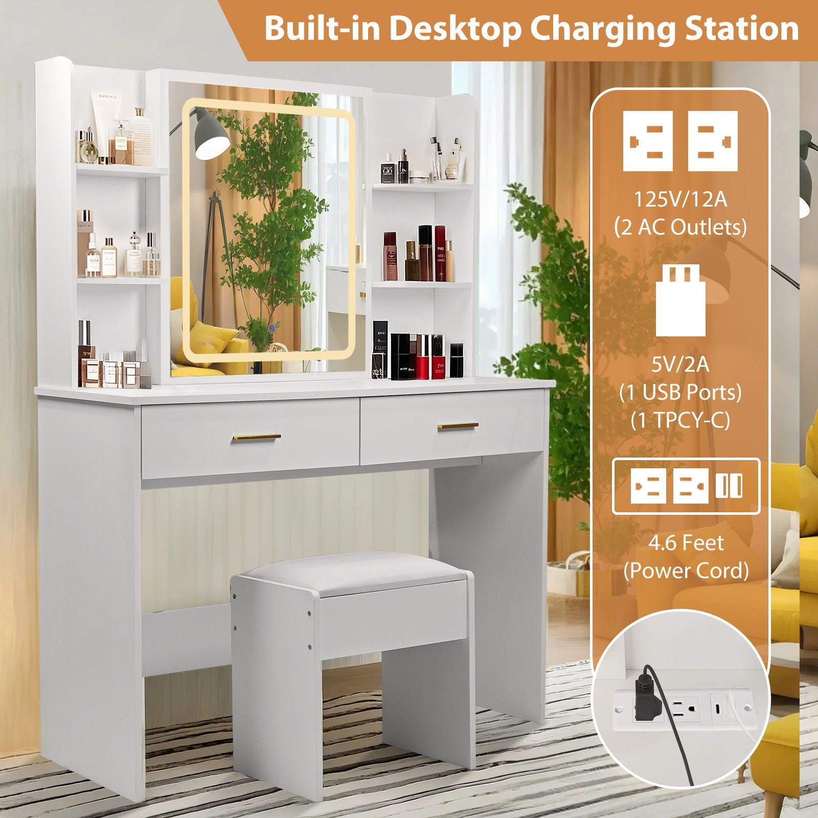 Vanity Desk With Mirror And LED Lights 3 Lighting Modes And Power Outlet 2 Spacious Drawers And Stool - White - Best Buy Furniture