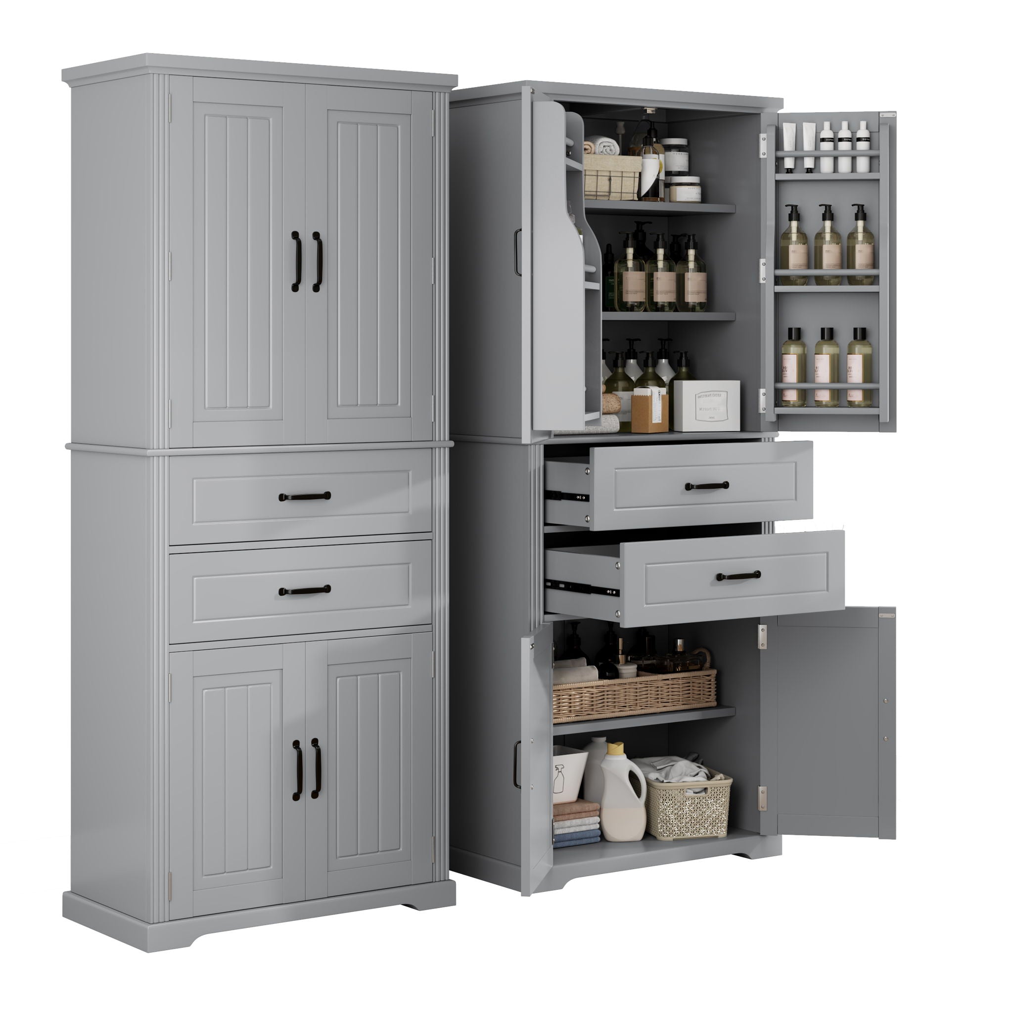 Multi Functional Storage Cabinet With Adjustable Shelves, 2 Drawers, Door Shelves