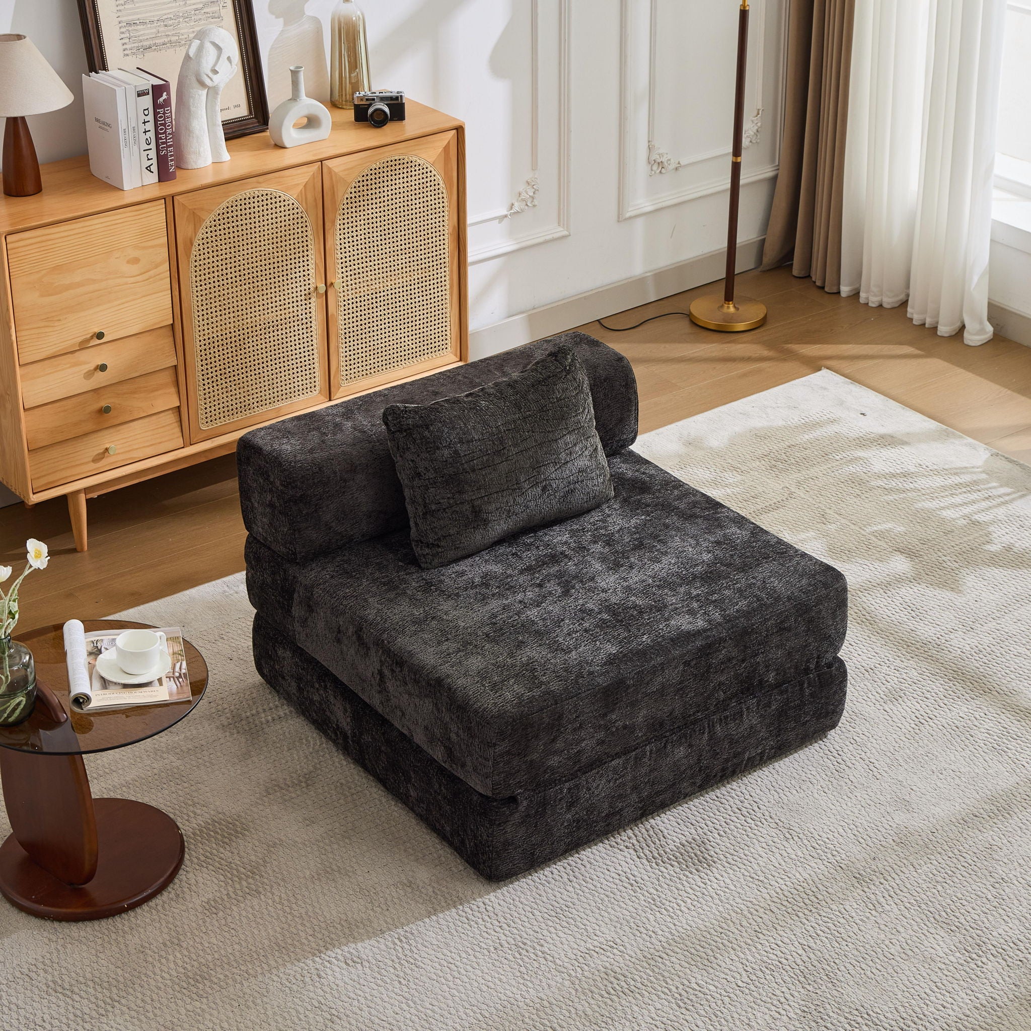 Convertible Floor Sofa Bed With Fixed Shape Frame For Living Room - Black