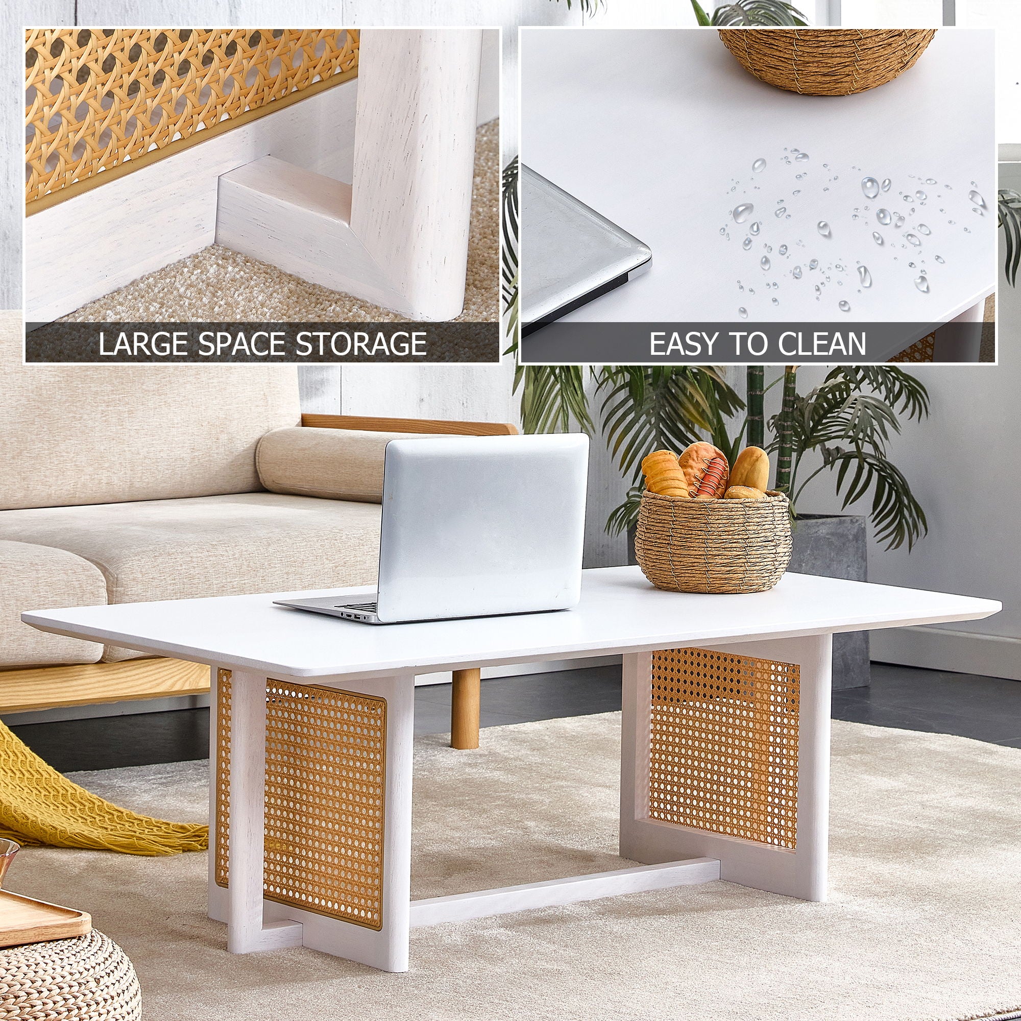Chinese Style White Solid Wood And Imitation Rattan Coffee Table
