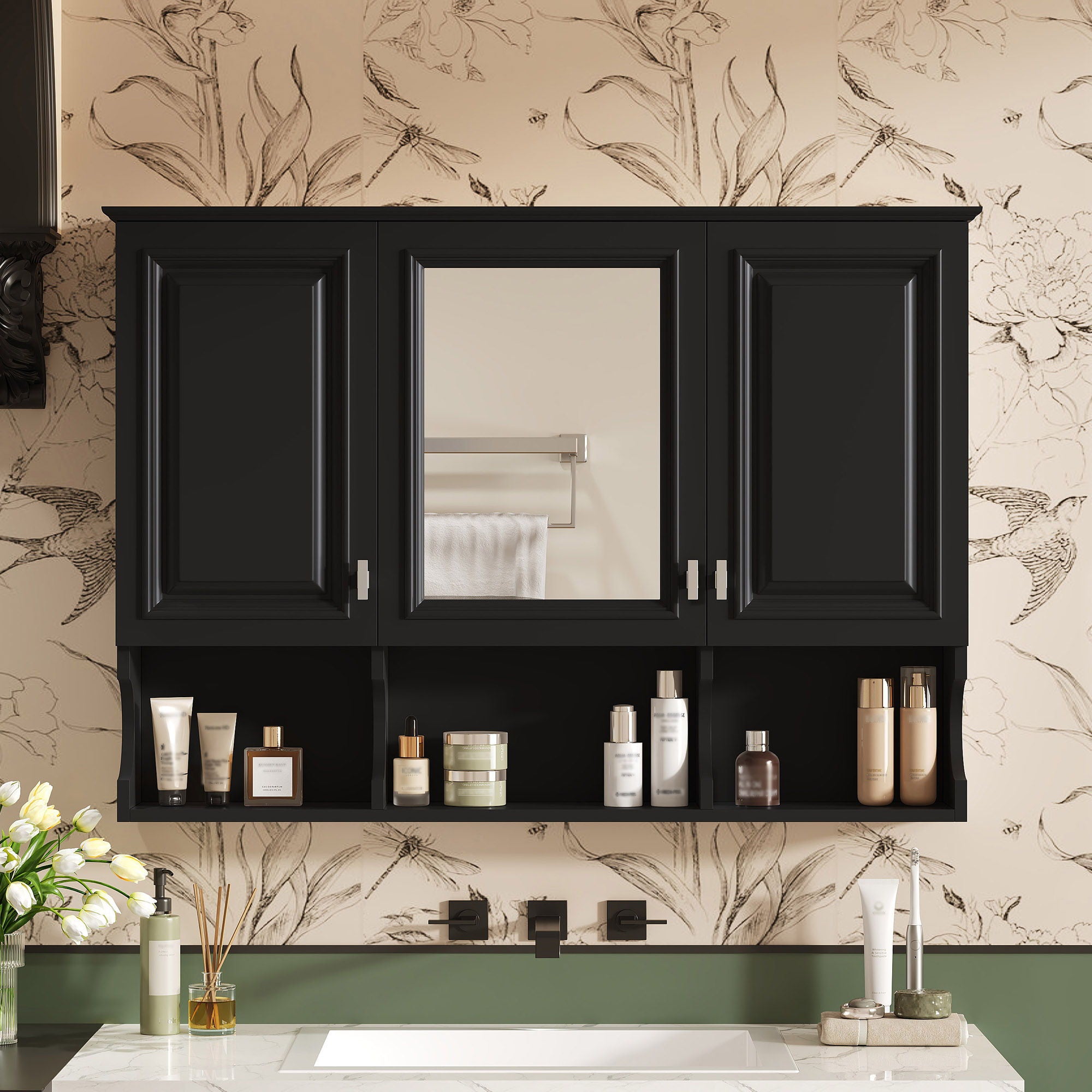 Modern Wall Mounted Mirror Medicine Cabinet With Open Shelves, Adjustable Interior, Storage Over Toilet