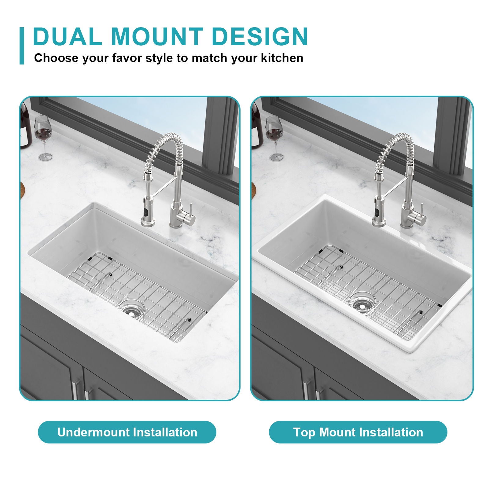 Rectangular Single Bowl Kitchen Sink With Dual Mount Installation - White