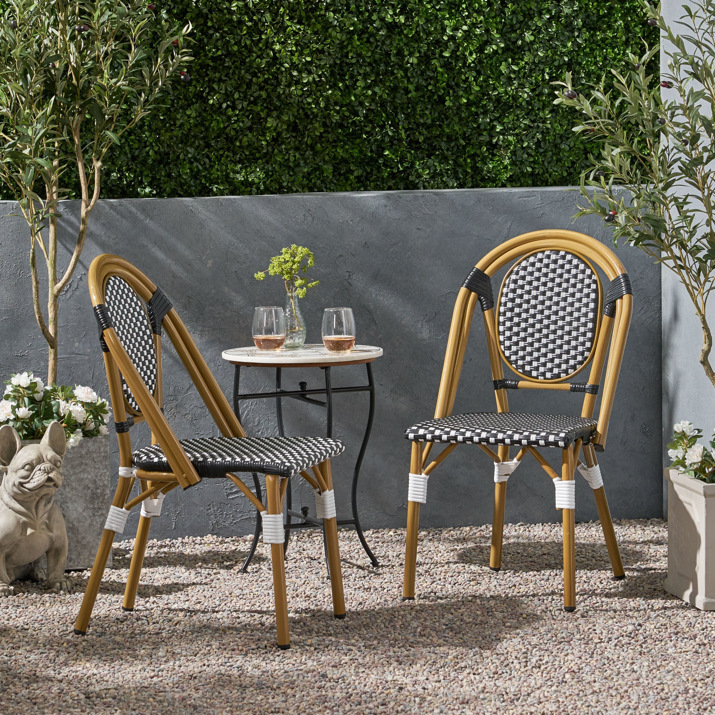 Outdoor pe ratten and aluminum french bistro chair, set of 2, black & white, bamboo print finish