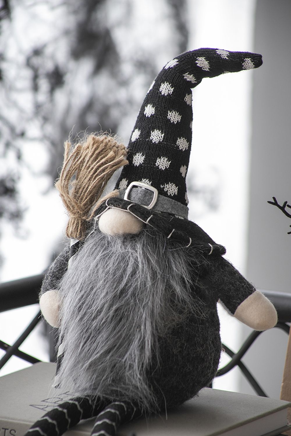 Sitting Gnome With Broomstick & Soft Legs, For Halloween Decor - Black White