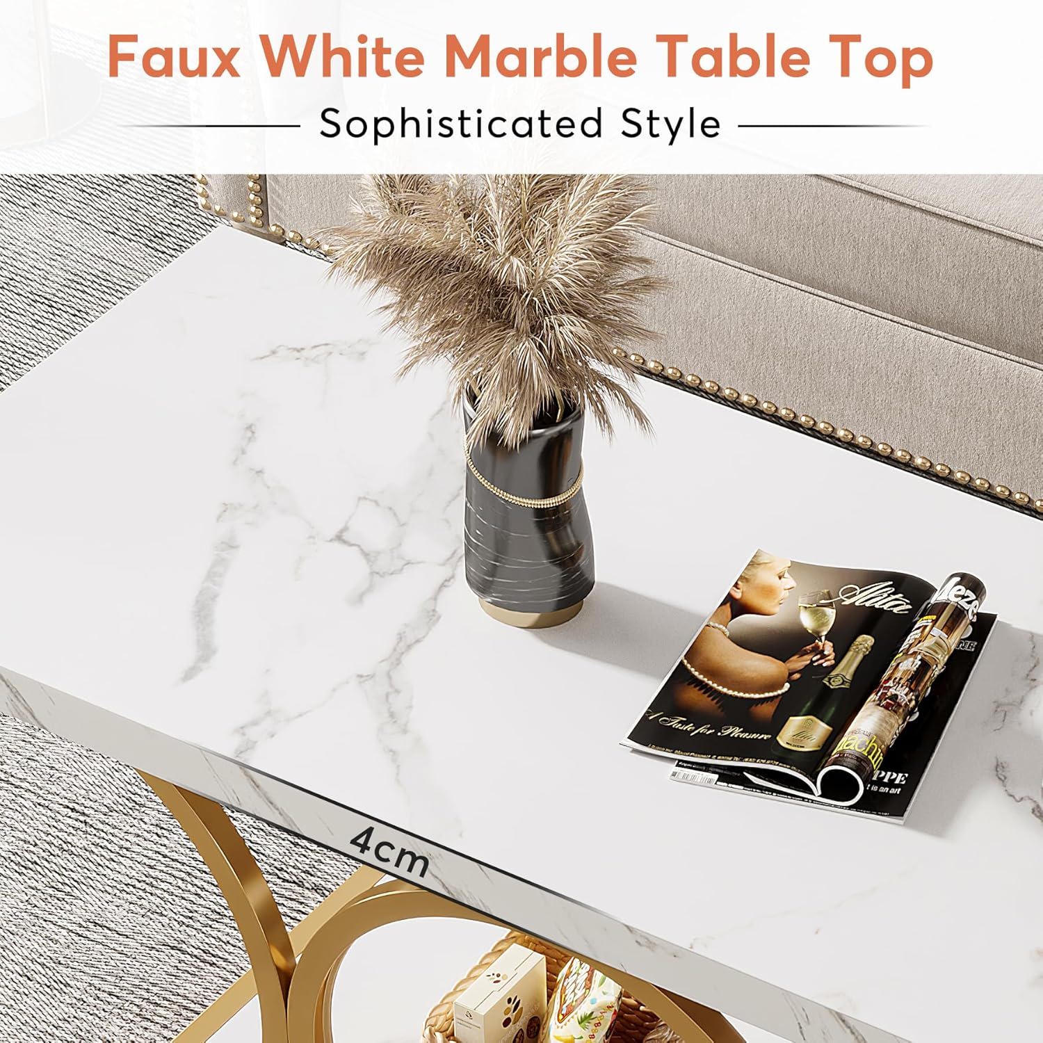 Rectangle Coffee Table, 2 Tier With Geometric Legs, Furniture With Storage Shelf - White / Gold