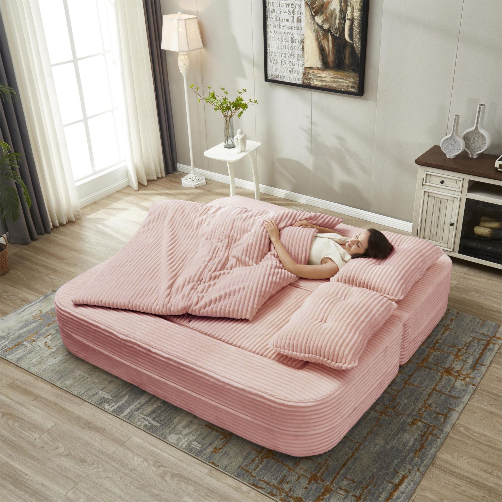 Multi Functional Sectional Sofa Bed With Independent Chaise Lounge And Functional Blanket, Convertible King Size Bed, Deep Seat - Baby Pink