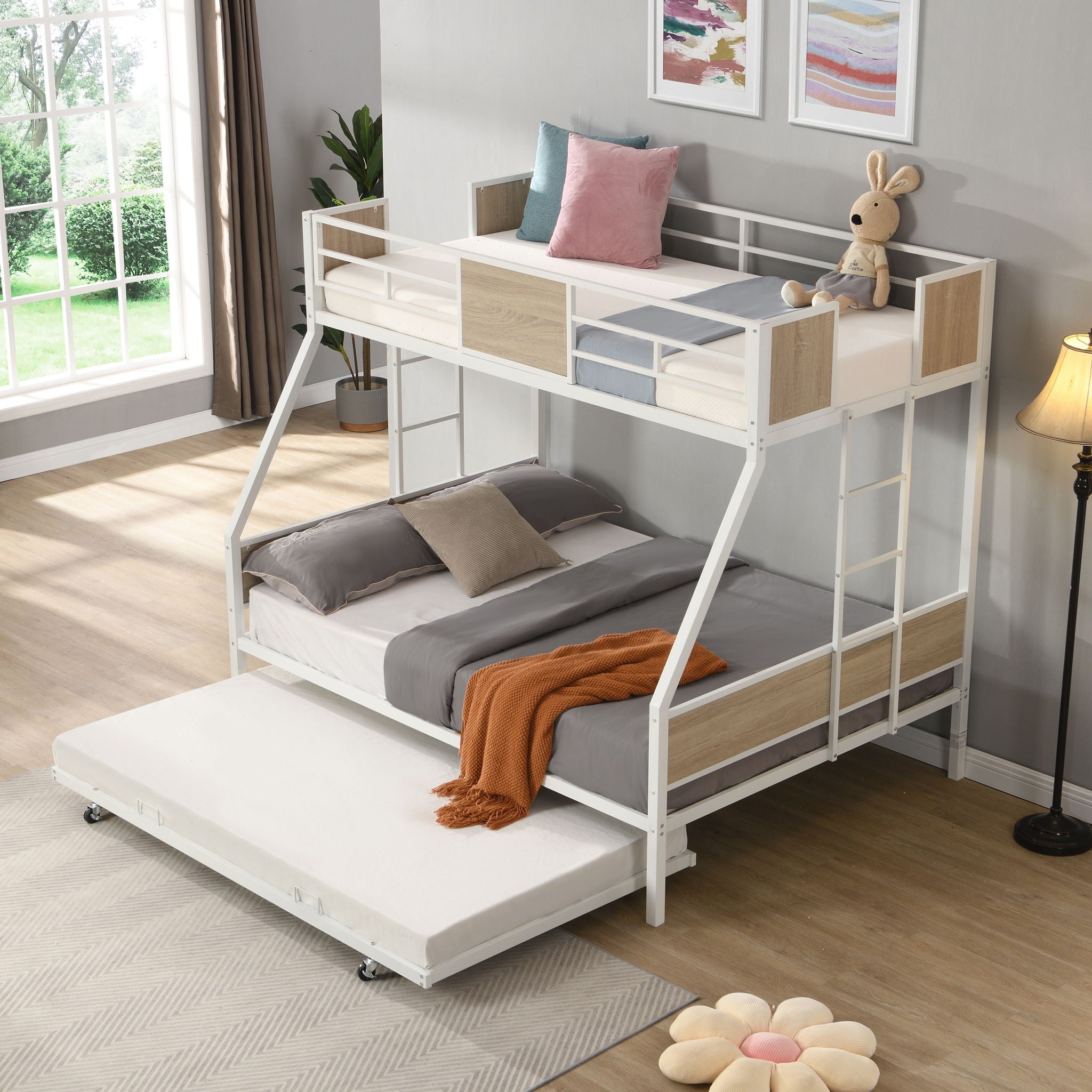 Modern Metal Bunk Bed With Side Ladders And Guardrail