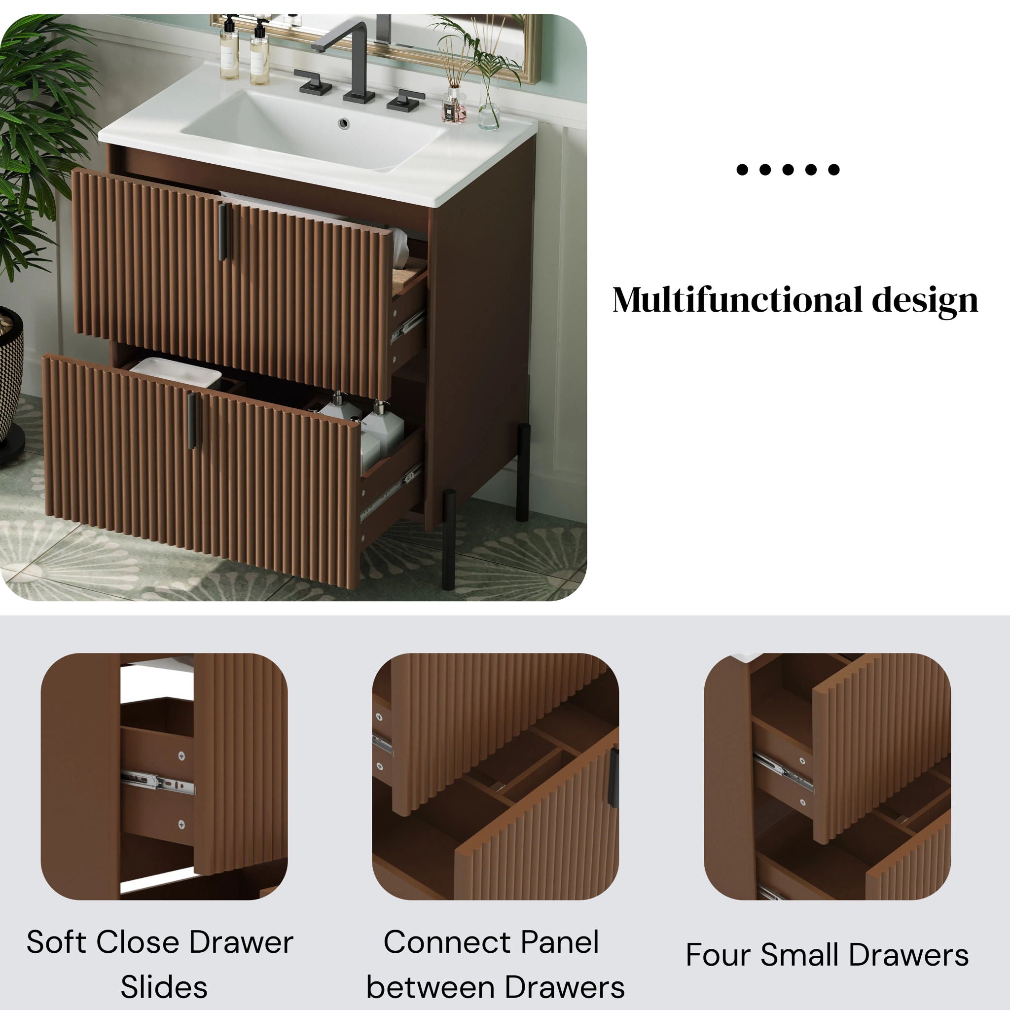 Fluted Bathroom Vanity With Ceramic Sink, Freestanding Design