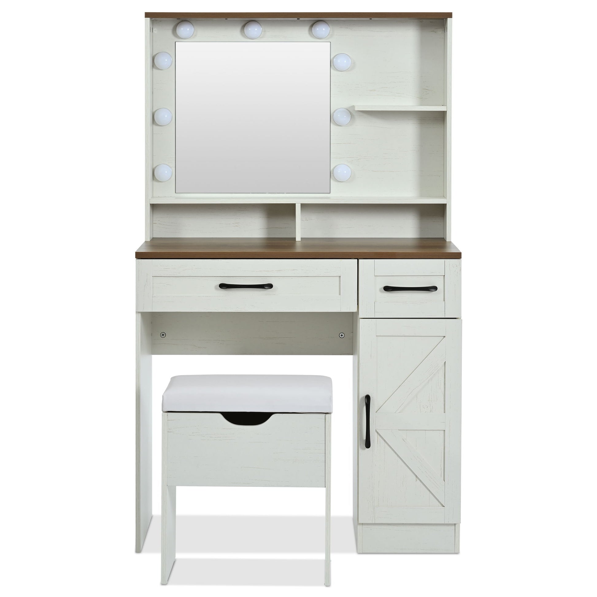 Farmhouse Makeup Vanity Desk With Mirror And Lights, 3 Lighting Modes, Vanity Set With Stool, Dressing Table With Adjustable Shelves, 2 Drawers And Side Cabinet For Bedroom - White - Best Buy Furniture