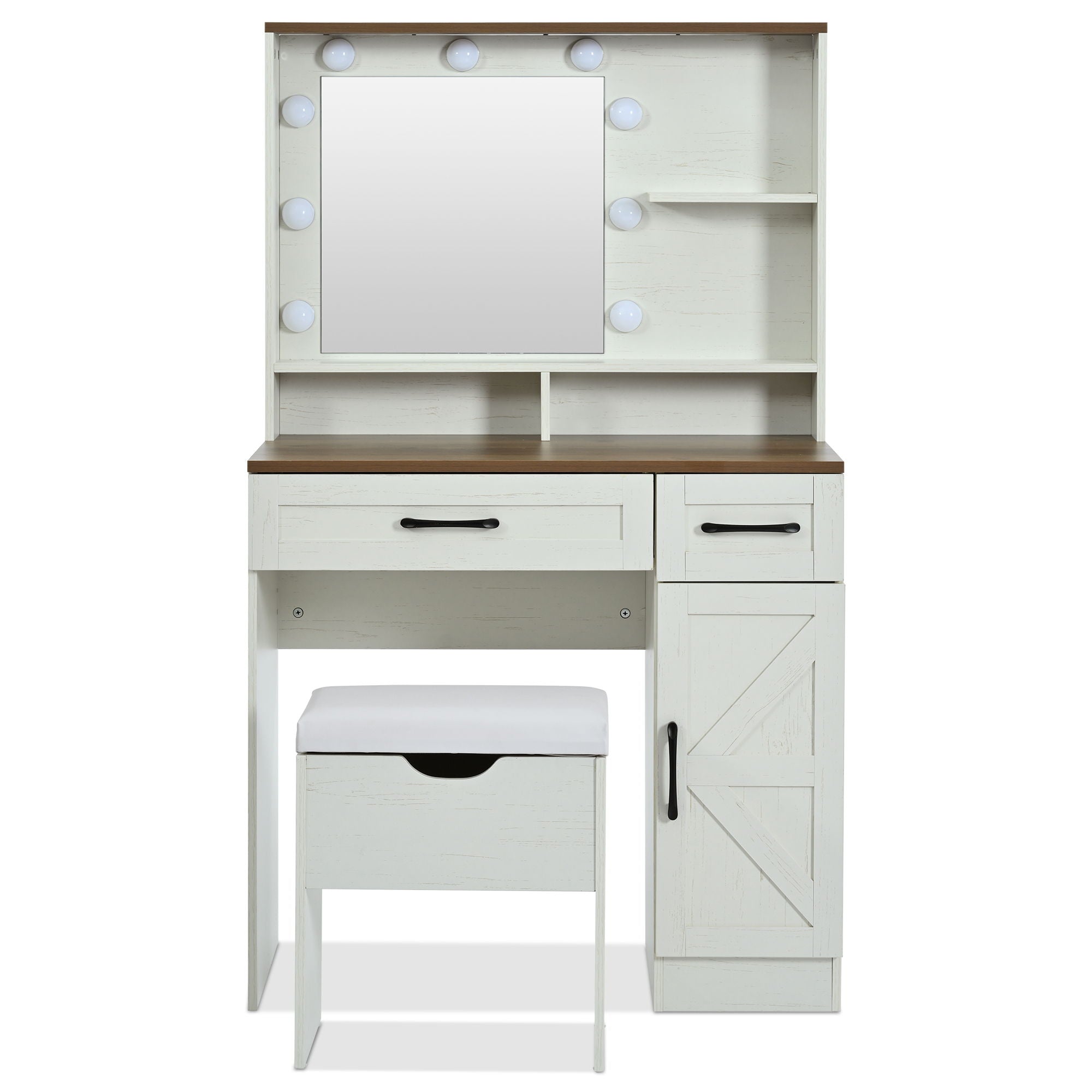Farmhouse Makeup Vanity Desk With Mirror And Lights, 3 Lighting Modes, Vanity Set With Stool, Dressing Table With Adjustable Shelves, 2 Drawers And Side Cabinet For Bedroom - White - Best Buy Furniture