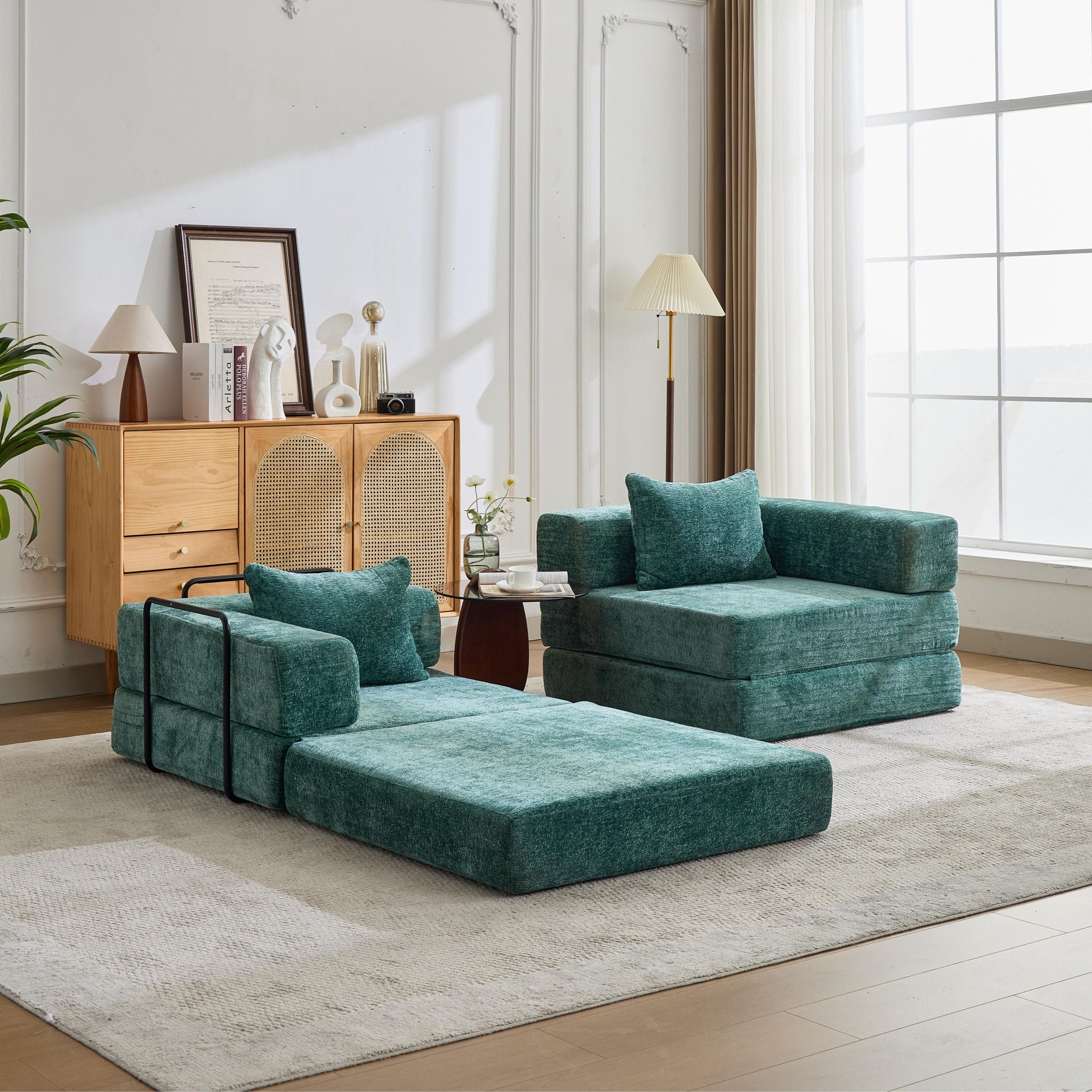 Convertible Floor Sofa Bed With Fixed Shape Frame, Loveseats Boneless Modular Sectional, For Living Room - Dark Green