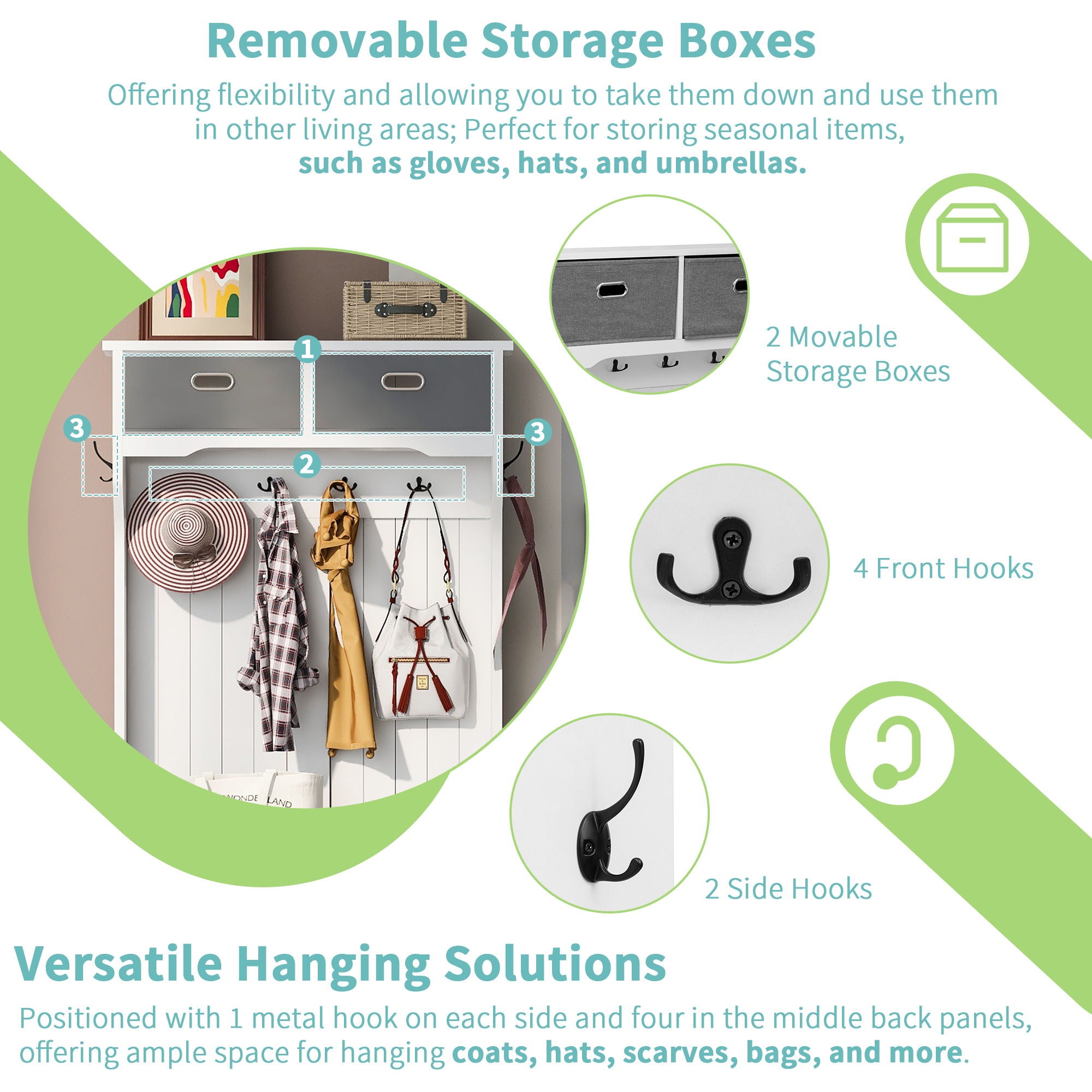 Hall Tree With 6 Hooks And Hinged Lid, Coat Hanger, Storage Bench, 3 In 1 Design