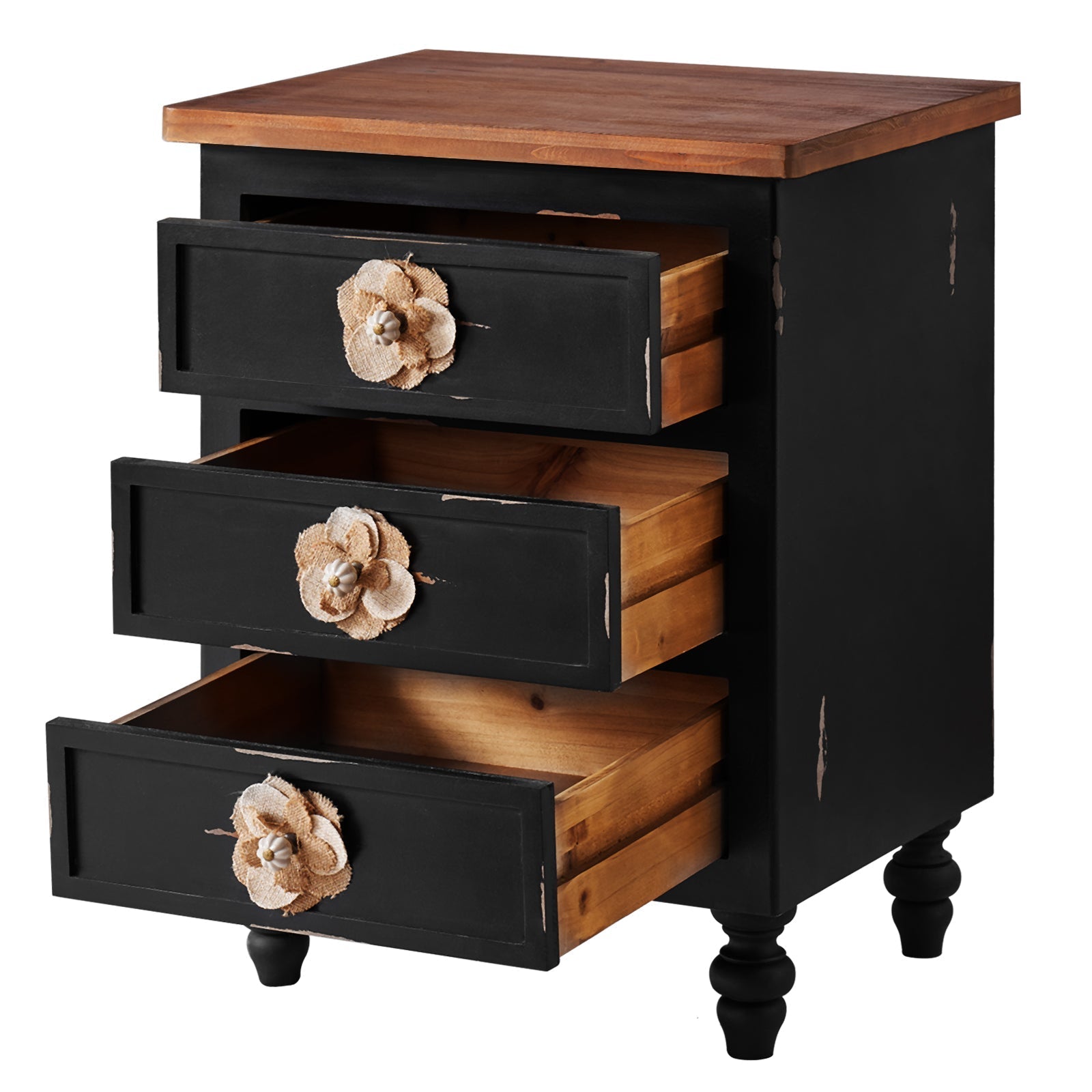 Rustic Dark Blue 2-Drawer Wooden Cabinet with Aged Finish & Floral Handles